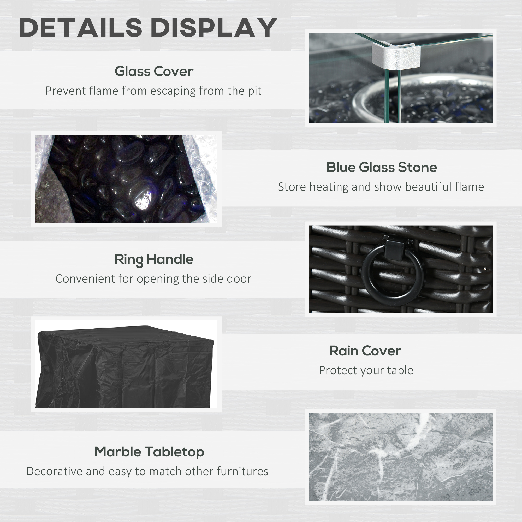 Outsunny Outdoor PE Rattan Gas Fire Pit Table, Patio Square Propane Heater with Marble Desktop, Rain Cover, Glass Windscreen, and Glass Stones, 50,000 BTU, Black 6