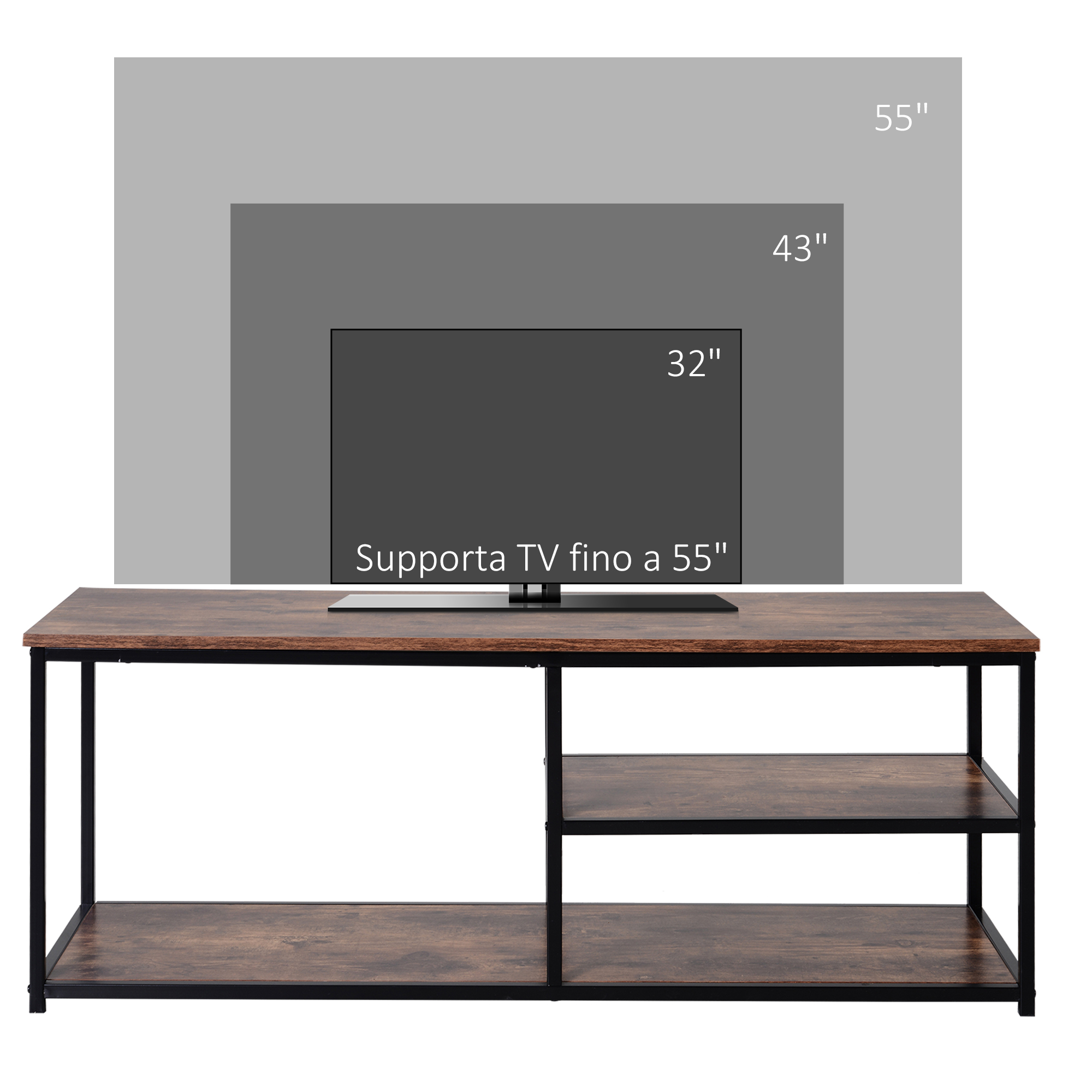 Mobile TV HOMCOM Stile Industriale – 147x40x50 Cm, Per TV Fino A 65", 3 Cassetti E 3 Ripiani, Struttura In Metallo, Nero E Marrone