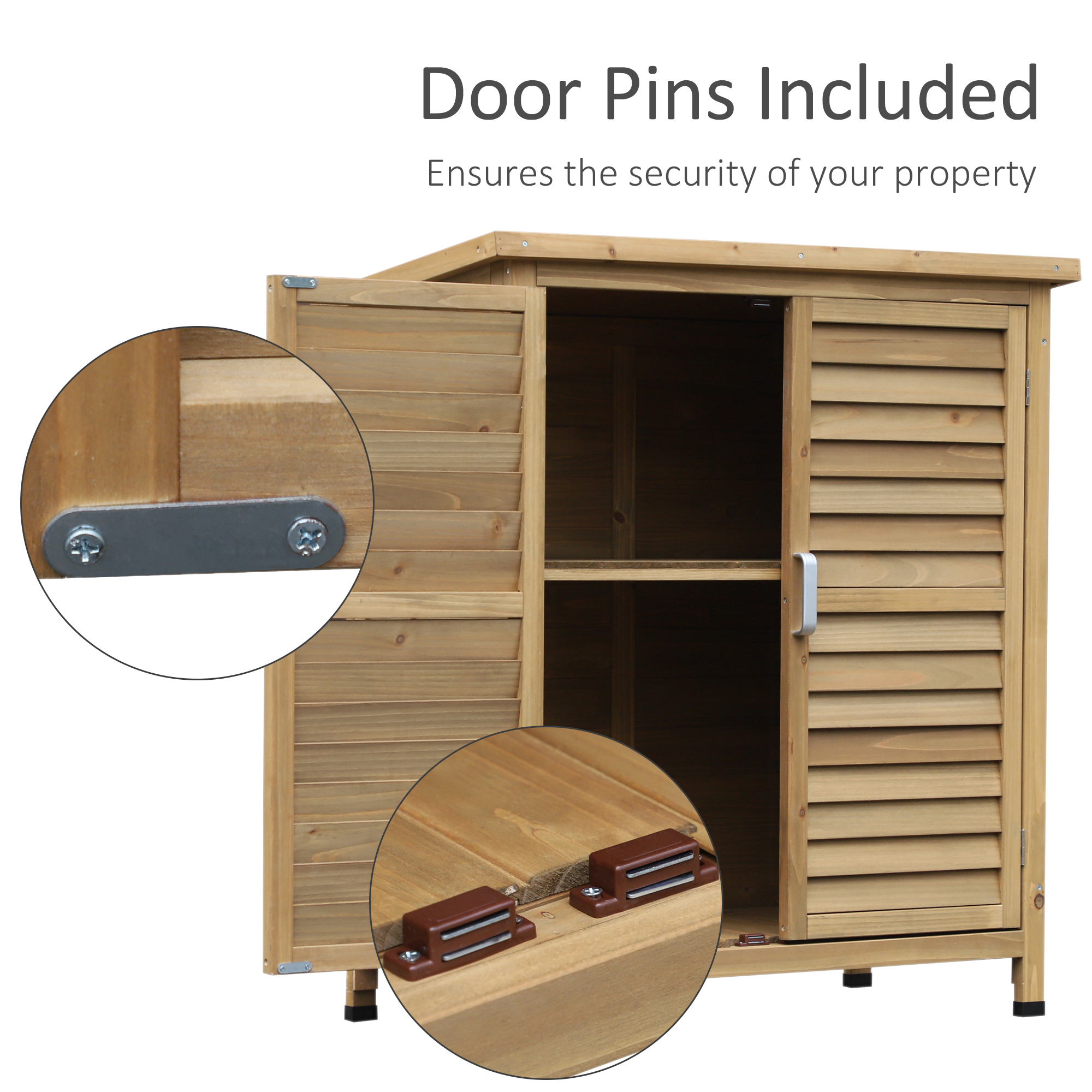 Outsunny Garden Shed Wooden Garden Storage Shed 2 Door Unit Solid Fir Wood Garage Tool Organisation Cabinet, 87L x 46.5W x 96.5Hcm, Natural 6
