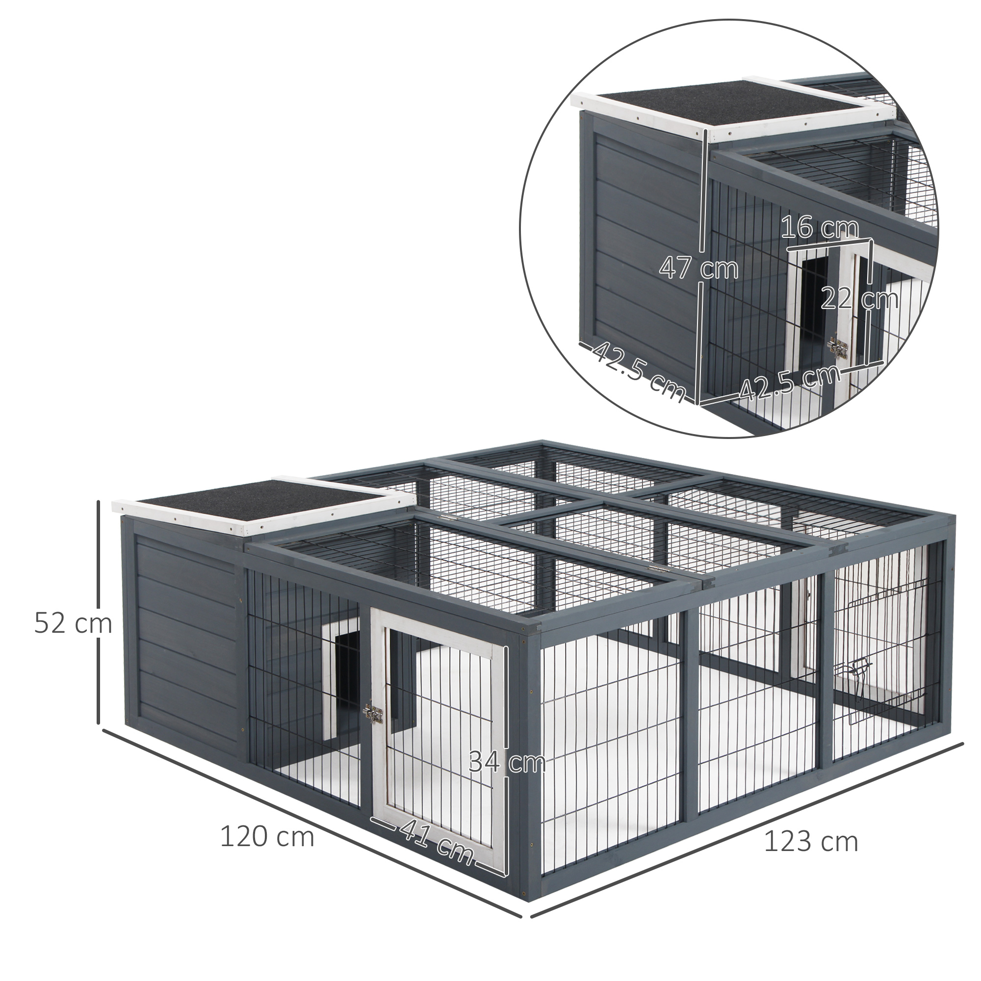 PawHut Rabbit Hutch Outdoor, Guinea Pig House, Bunny Run Cage with Openable Top for 1-2 Rabbits, 123 x 120 x 52cm, Grey 3