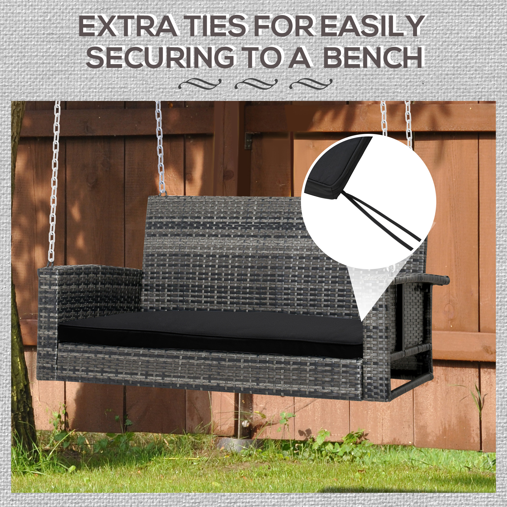 Outsunny 2-Seater Garden Bench Cushion with Ties, Swing Chair Cushion, Replacement Cushion for Outdoor Furniture, 110 x 46 cm, Black 4