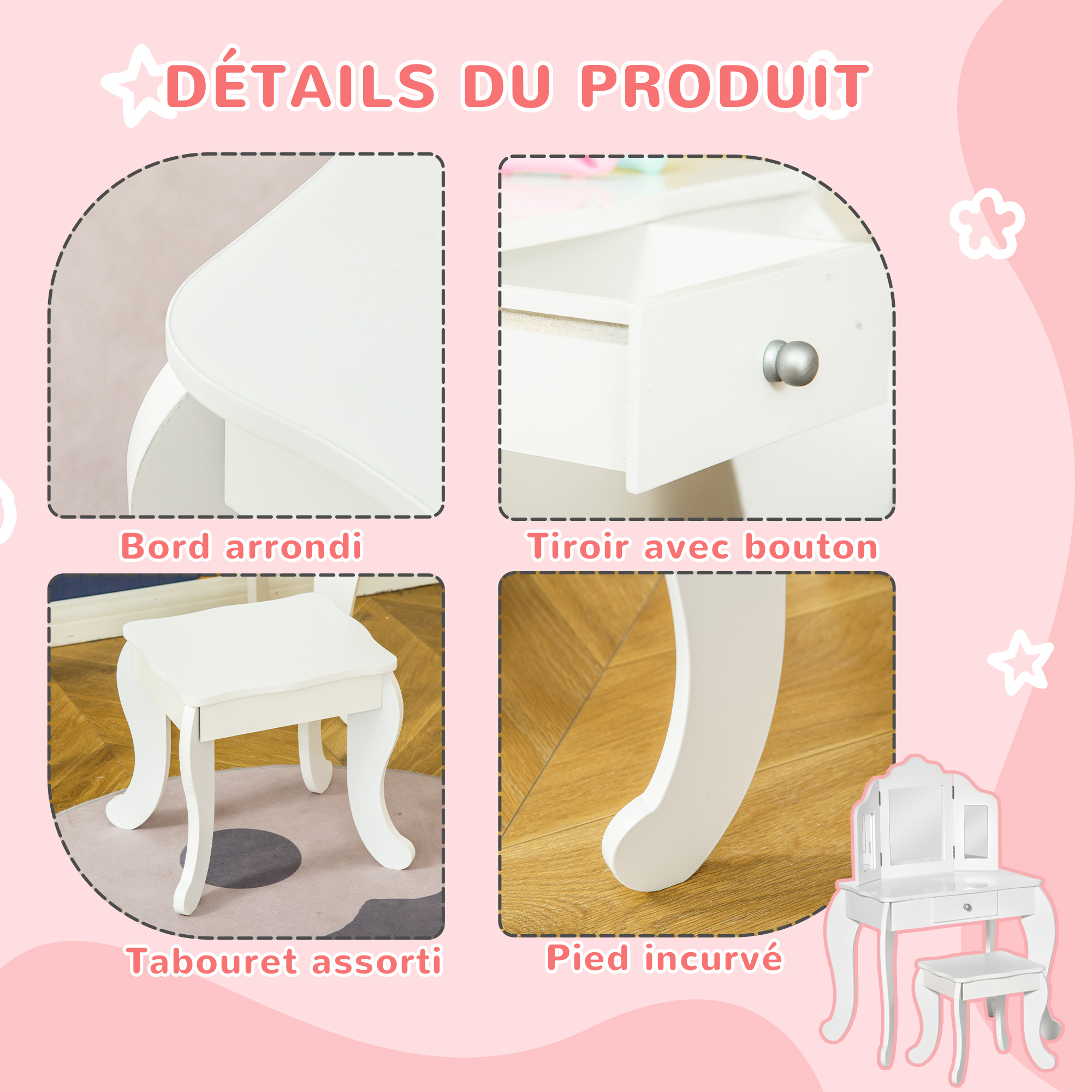 Coiffeuse Enfant HOMCOM Avec Tabouret – Table Maquillage Rose Et Blanc Avec Miroir, Tiroir Et Étagères