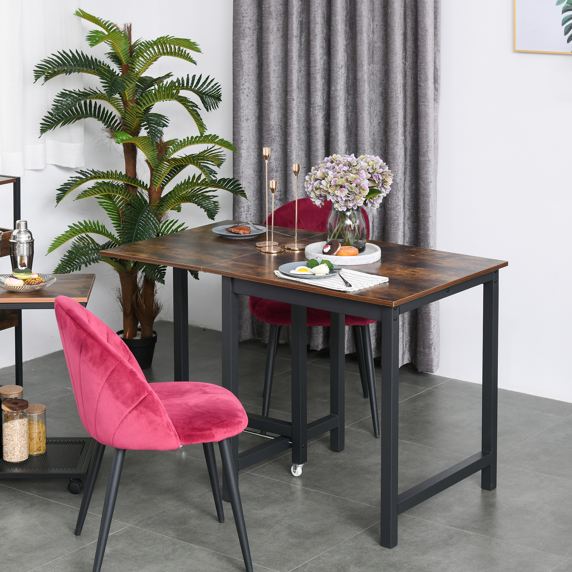 HOMCOM Folding Dining Table, Industrial Drop Leaf Table with Wheels and Metal Frame for Kitchen, Dining Room, Space Saving, Rustic Brown 2