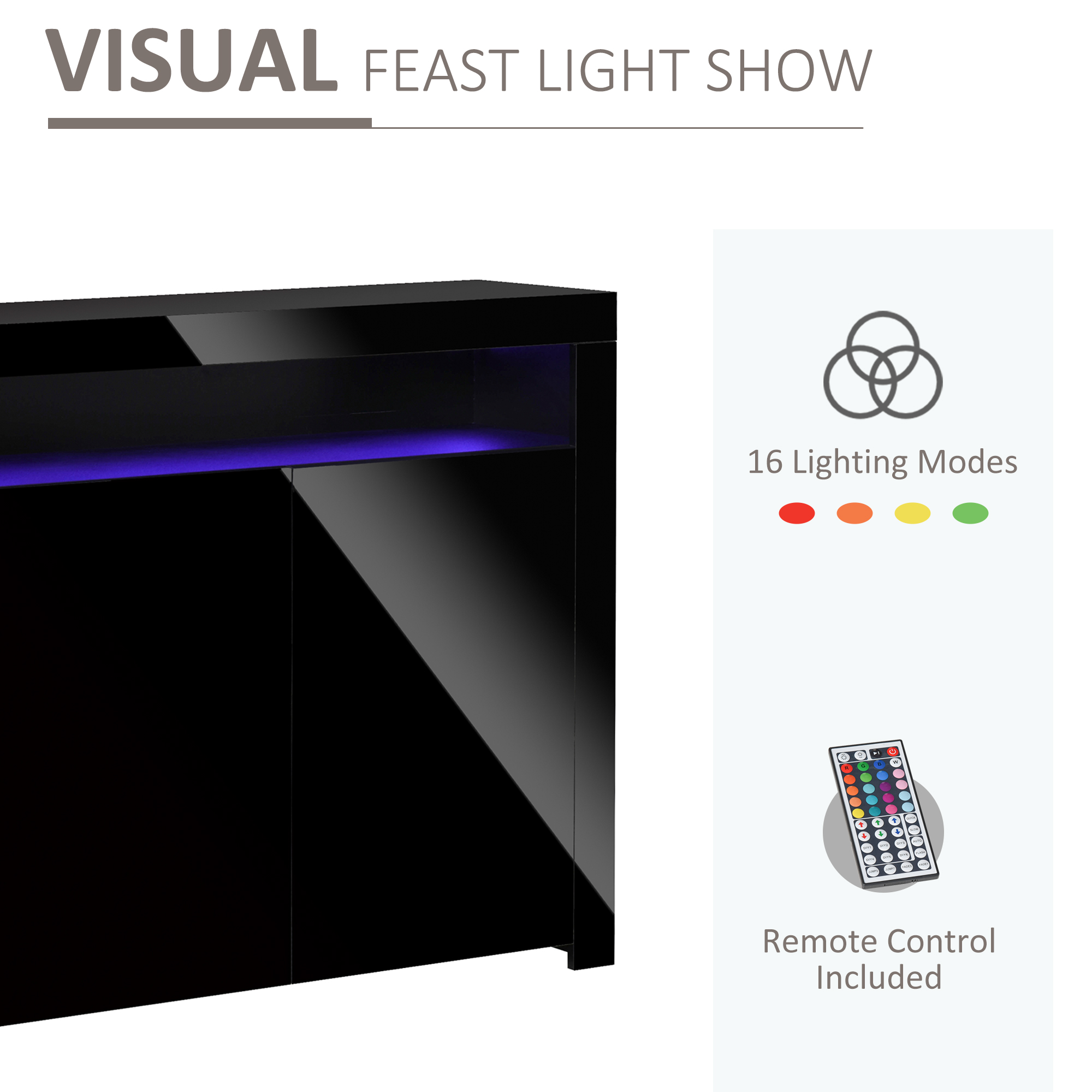 HOMCOM LED Storage Cabinet, Cupboard with High Gloss Front and RGB Lighting, Modern Sideboard for Entryway, Dining Area, Living Room, Black 4