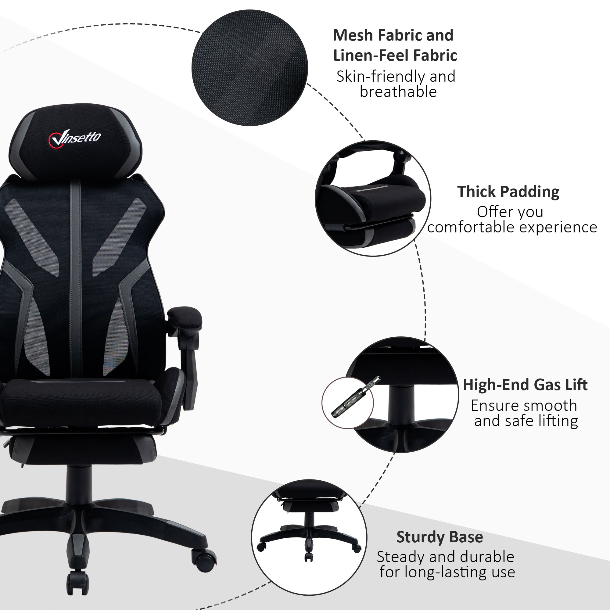 Vinsetto Mesh Office Chair Desk Task Computer Recliner with Footrest, Lumbar Back Support, Swivel Wheels, Adjustable Height for Home, Black Grey 9