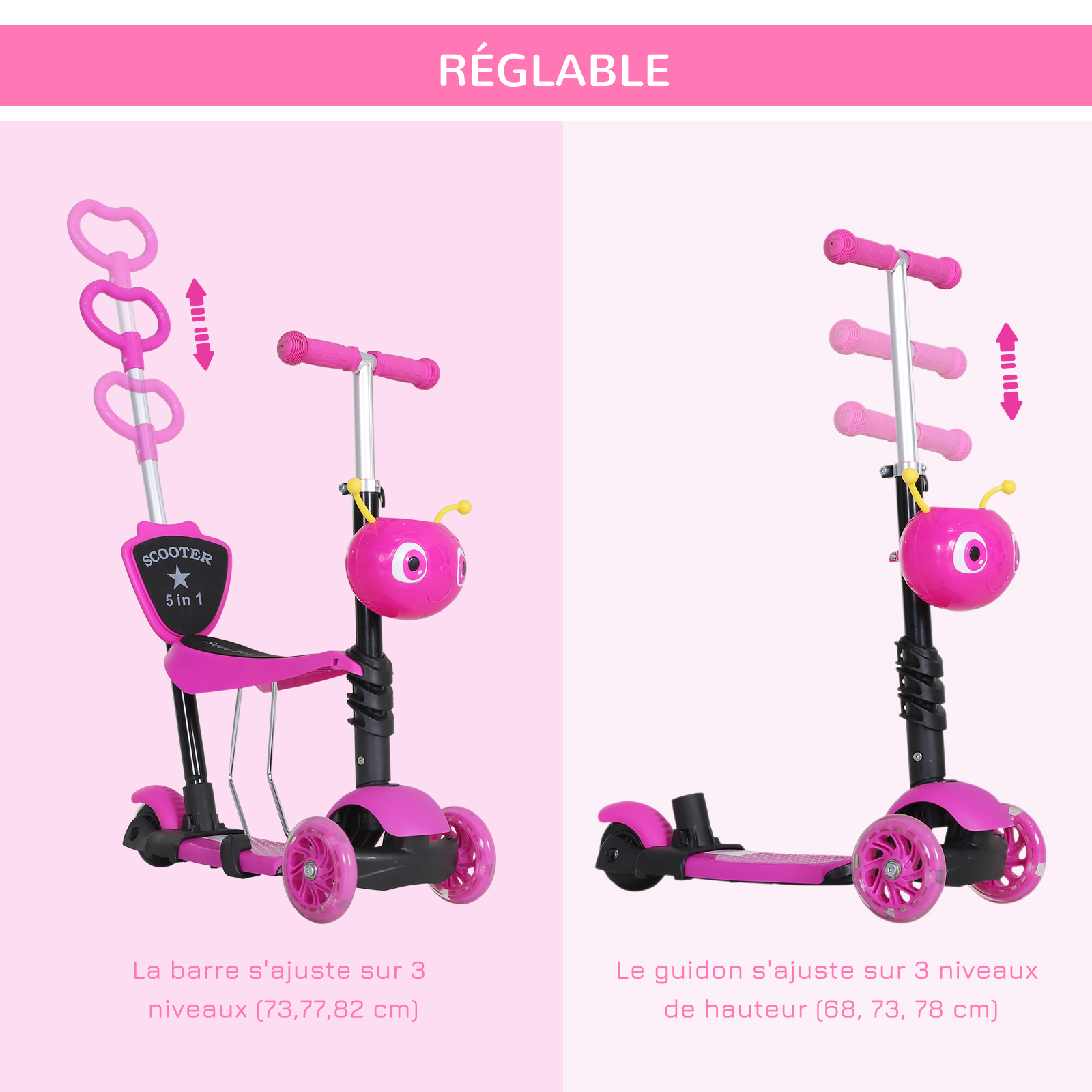 Trottinette Enfant 5-en-1 Avec 3 Roues LED, Siège Et Dossier Amovibles – Évolutive De 18 Mois à 8 Ans – Rose