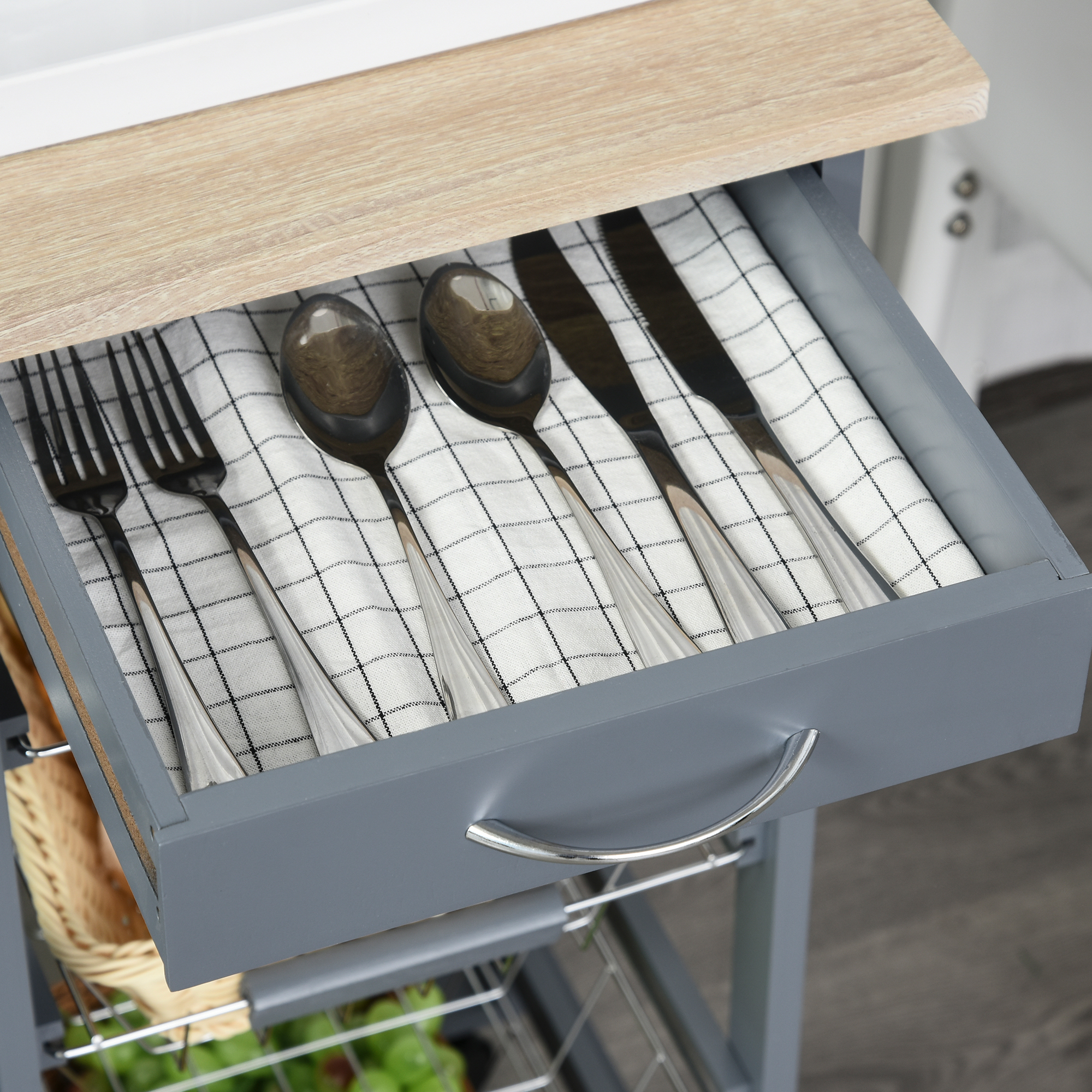 HOMCOM Rolling Kitchen Cart, Utility Storage Cart with 4 Basket Drawers & Side Racks, Wheels for Dining Room, Grey 9