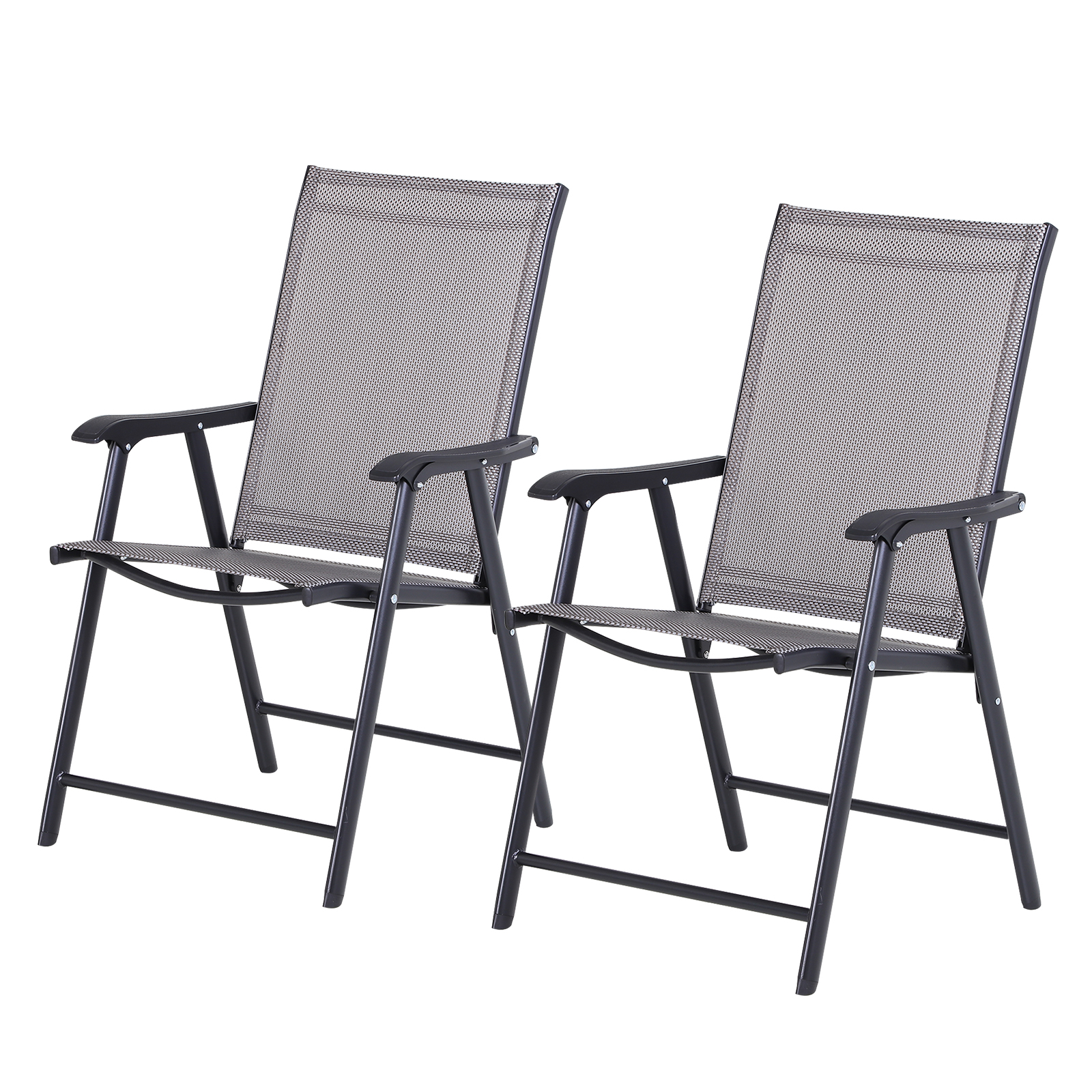 Outsunny Lot de 2 chaises de jardin pliantes avec accoudoirs métal époxy textilène - dim. 58L x 64l x 94H cm - noir gris Outsunny Lot de 2 chaises de jardin pliantes avec accoudoirs métal époxy textilène - dim. 58L x 64l x 94H cm - noir gris