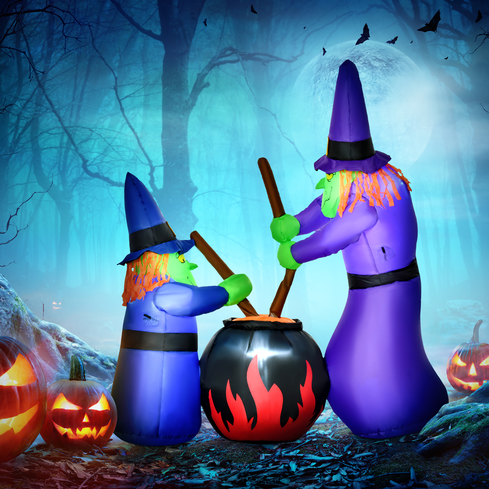 HOMCOM 1.8m Inflatable Halloween Lawn Decoration with LED Witches Around A Black Cauldron Outdoor Air Blown Holiday Décor 2