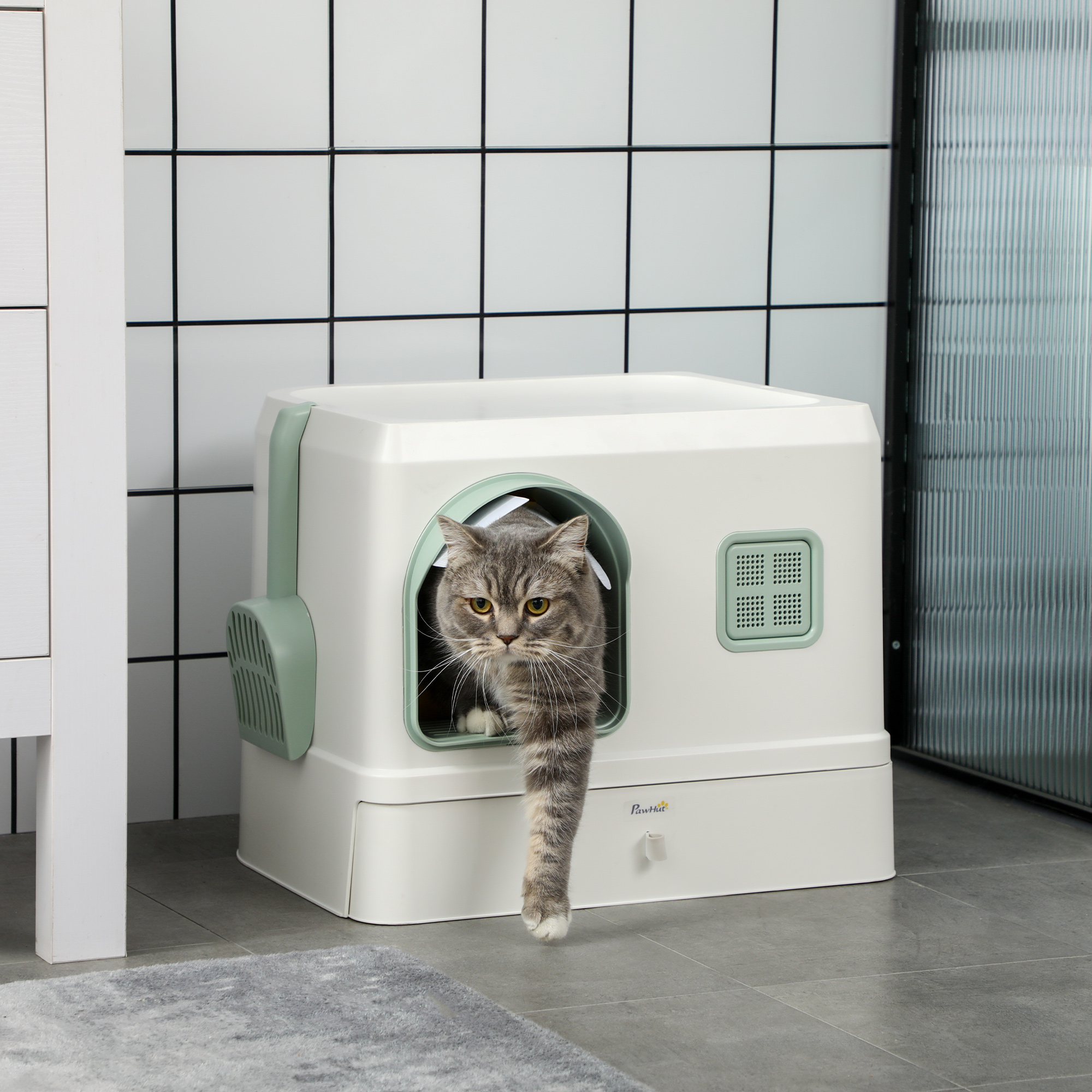 PawHut Cat Litter Box, Hooded Cat Litter Tray, with Drawer Pan, Scoop, Deodorants 2