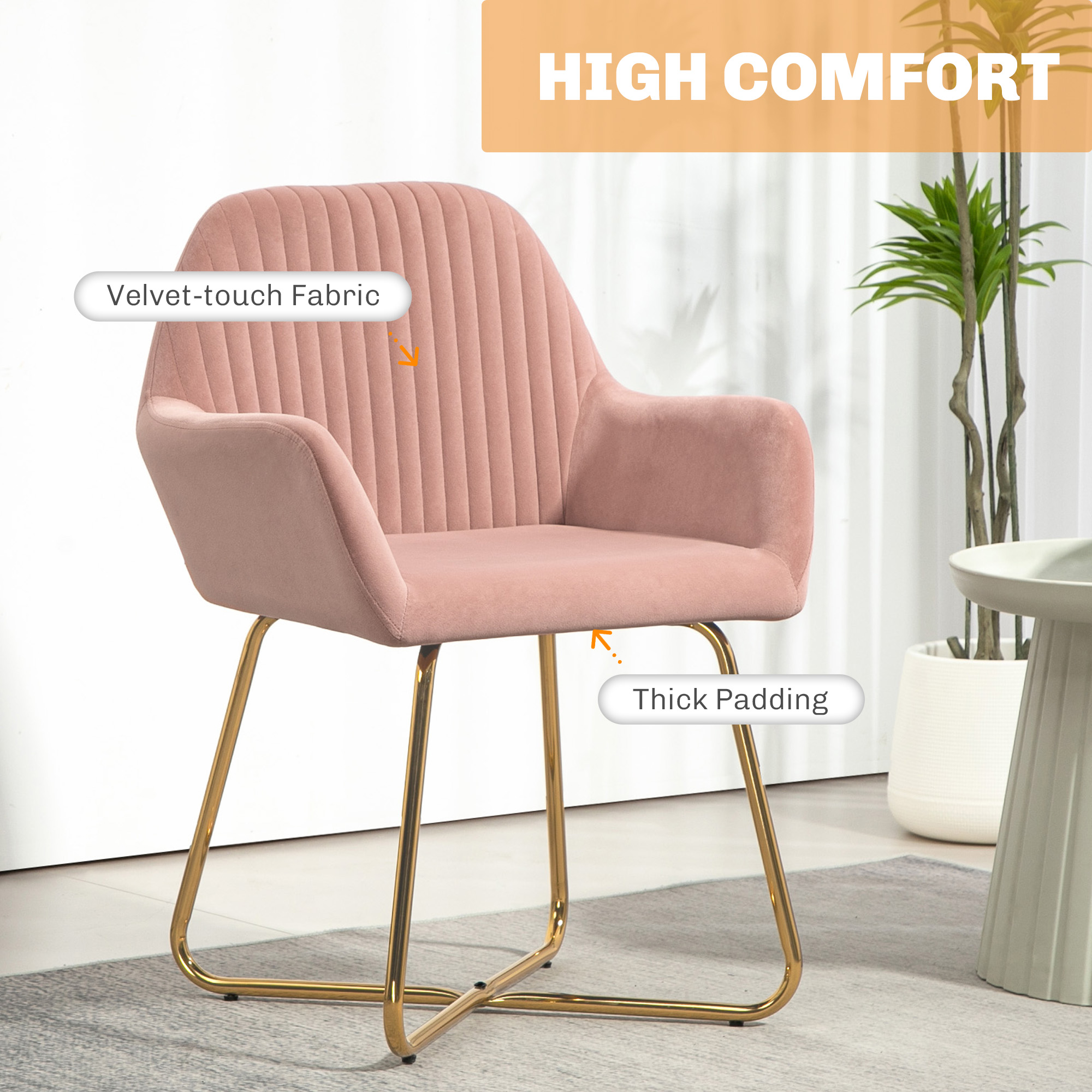 HOMCOM Modern Arm Chair Upholstered Accent Chair with Metal Base for Living Room Pink 5