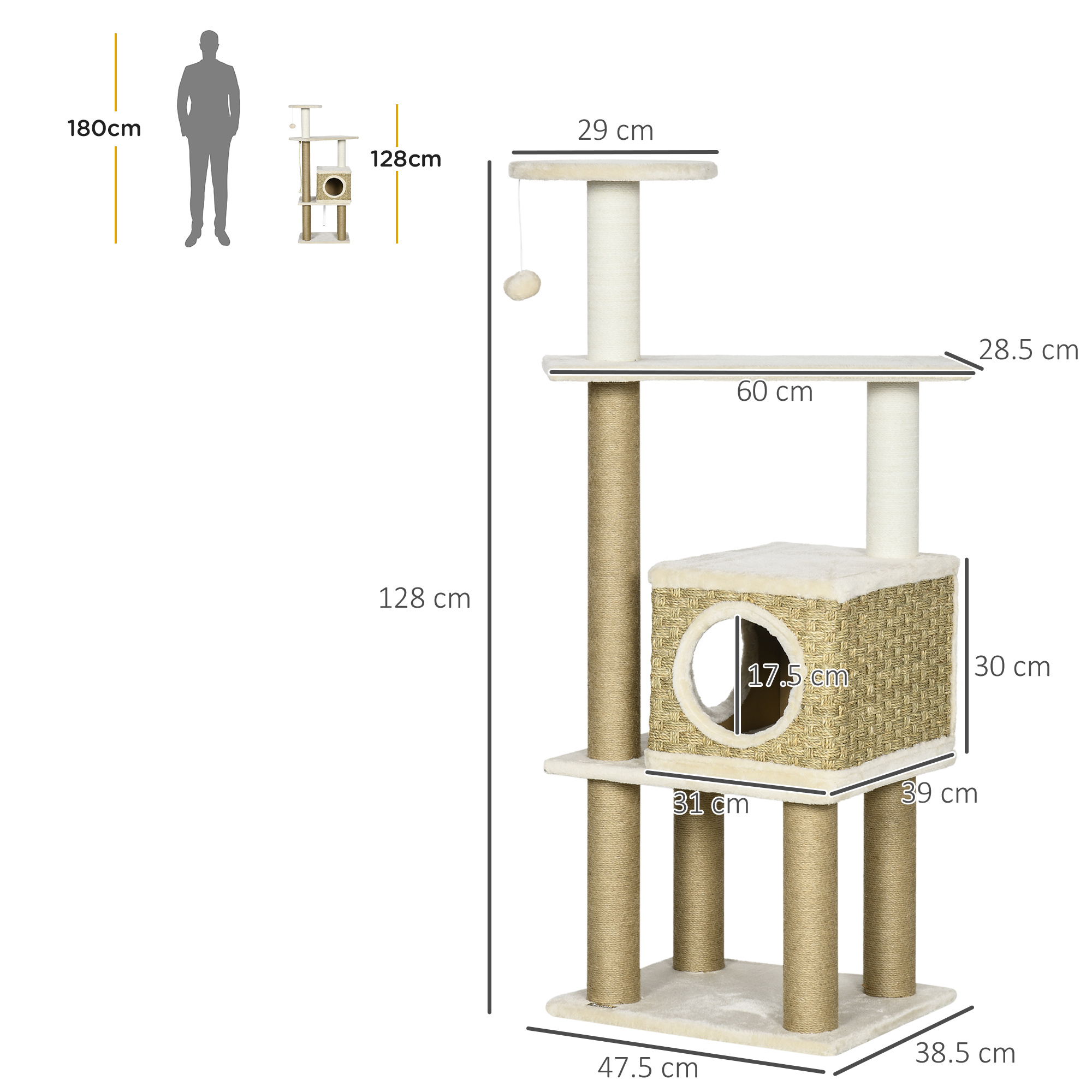 PawHut Cat Tree, with Scratching Post, Cat House & Hanging Toy Ball Beige 3