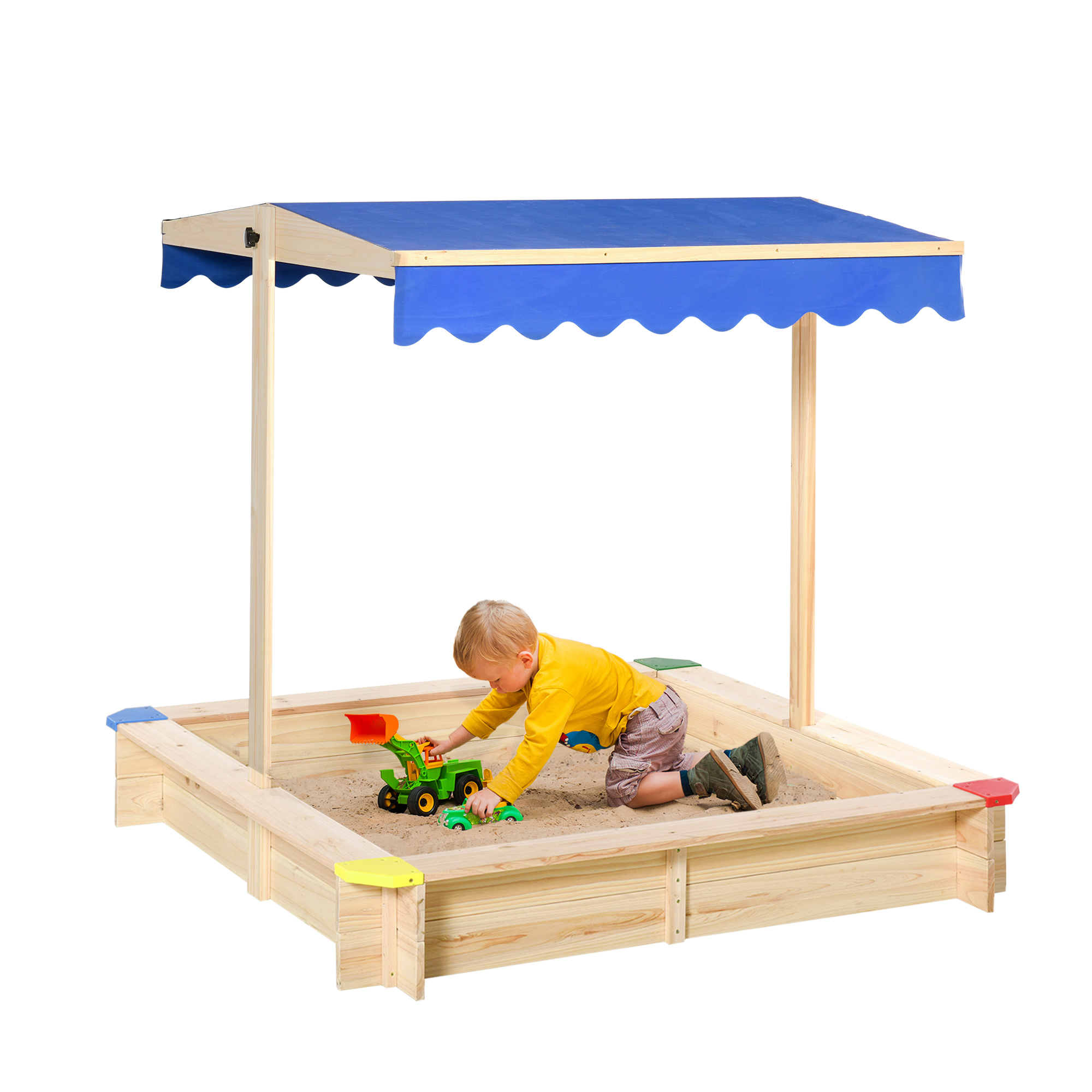 Outsunny Bac à sable bois carré dim. 1,2L x 1,2l x 1,2H m - hauteur et inclinaison toit réglables - bois naturel de pin