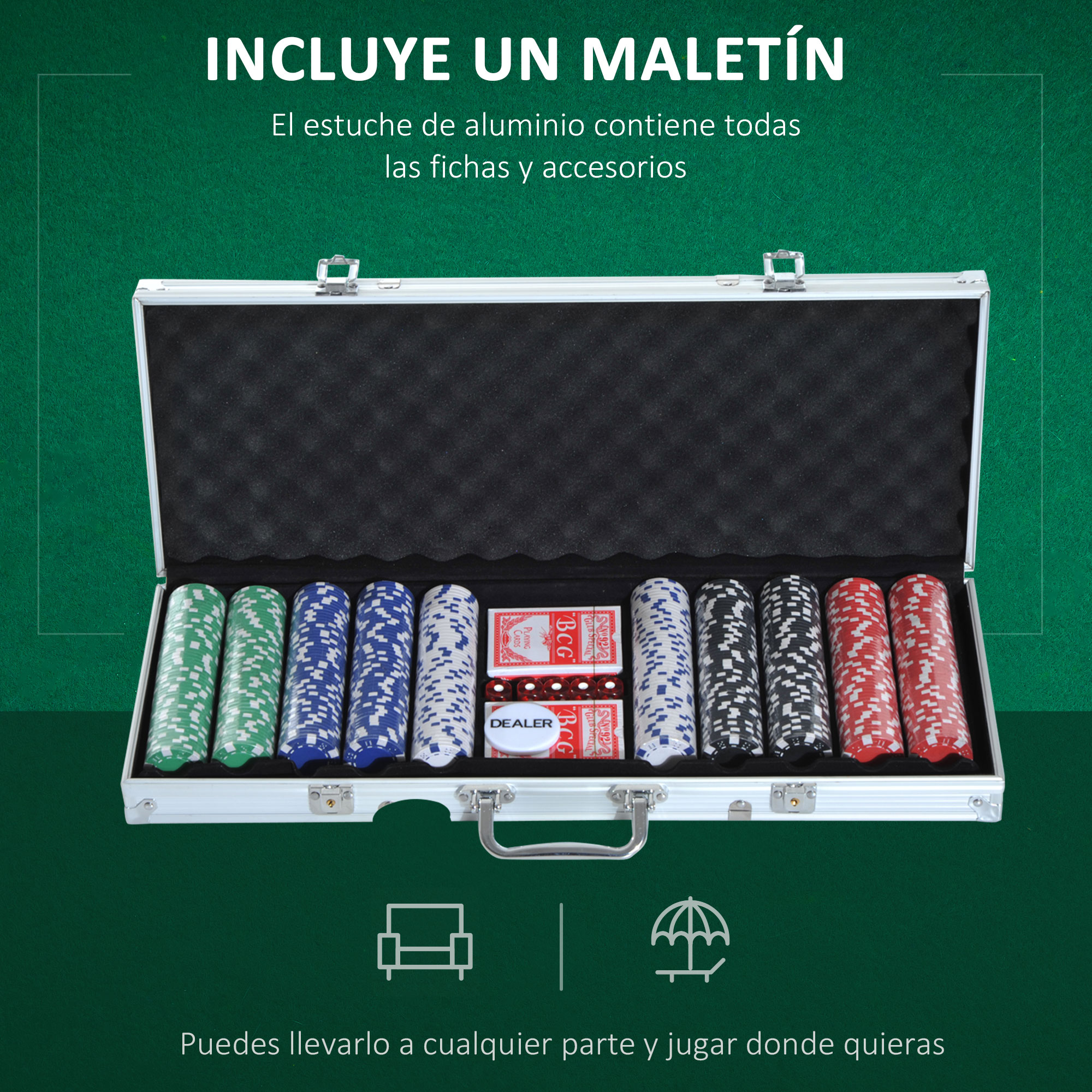 Maletín De Póquer Con 500 Fichas Láser De 11,5 G Y 39 Mm, 2 Barajas De Cartas, 5 Dados Y 3 Botones De Distribuidor. Estuche De Aluminio Con Asa Y Cerradura. Ideal Para Jugar Texas Hold'em O Blackjack Con Amigos O En Familia.