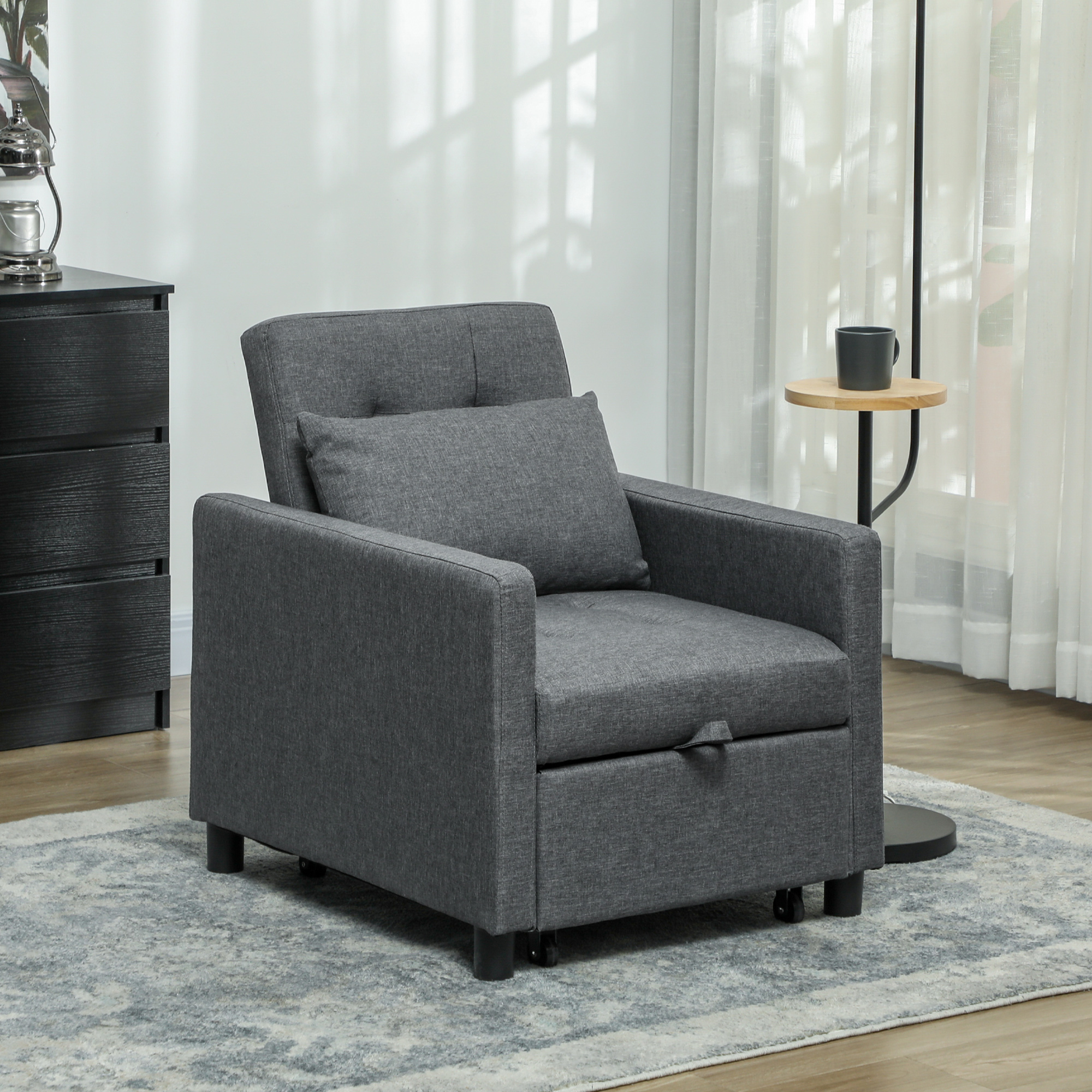 HOMCOM 3-In-1 Chair Bed, Convertible Sleeper Chair with Adjustable Backrest, Pillow and Footrest for Living Room, Dark Grey 2