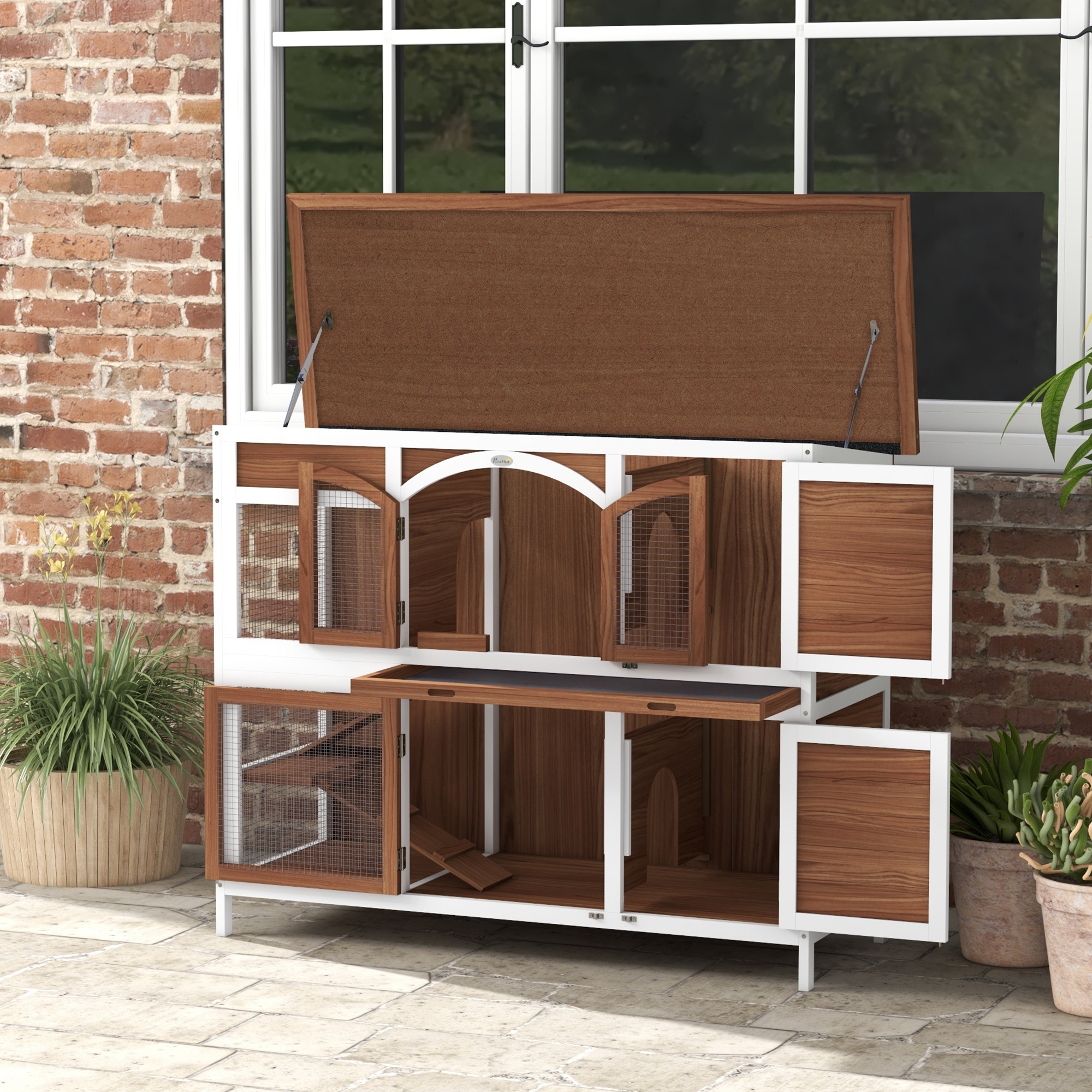 PawHut Two-Tier Wooden Pet Hutch with Openable Roof, Slide-Out Tray 9