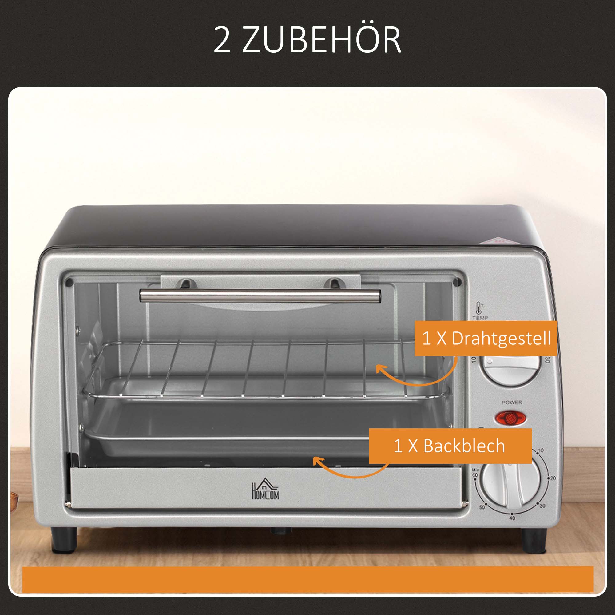 Miniahi 10 L 750W 100-230℃ 60 min taimeriga küpsetusplaadi, grillresti ja eemaldatava põhjaga, pitsaahi hõbedane