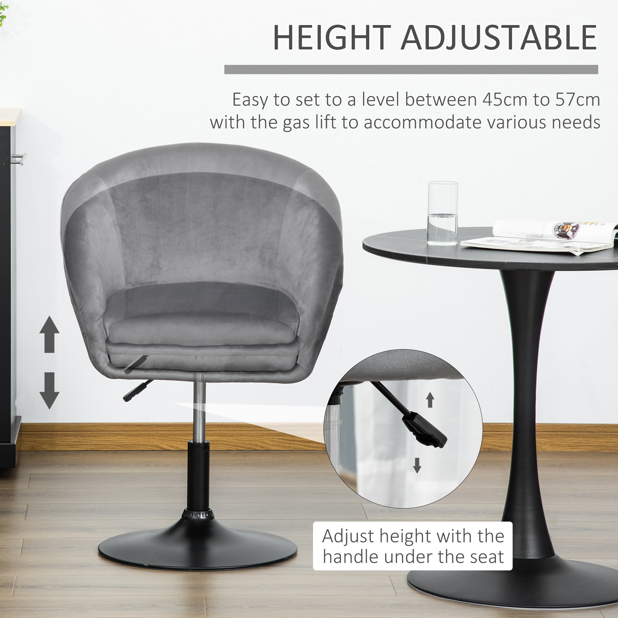 HOMCOM Dressing Table Chair, 360° Swivel Velvet-feel Upholstered Vanity Chair with Tub Seat, Back, Adjustable Height for Bedroom Makeup, Grey 5