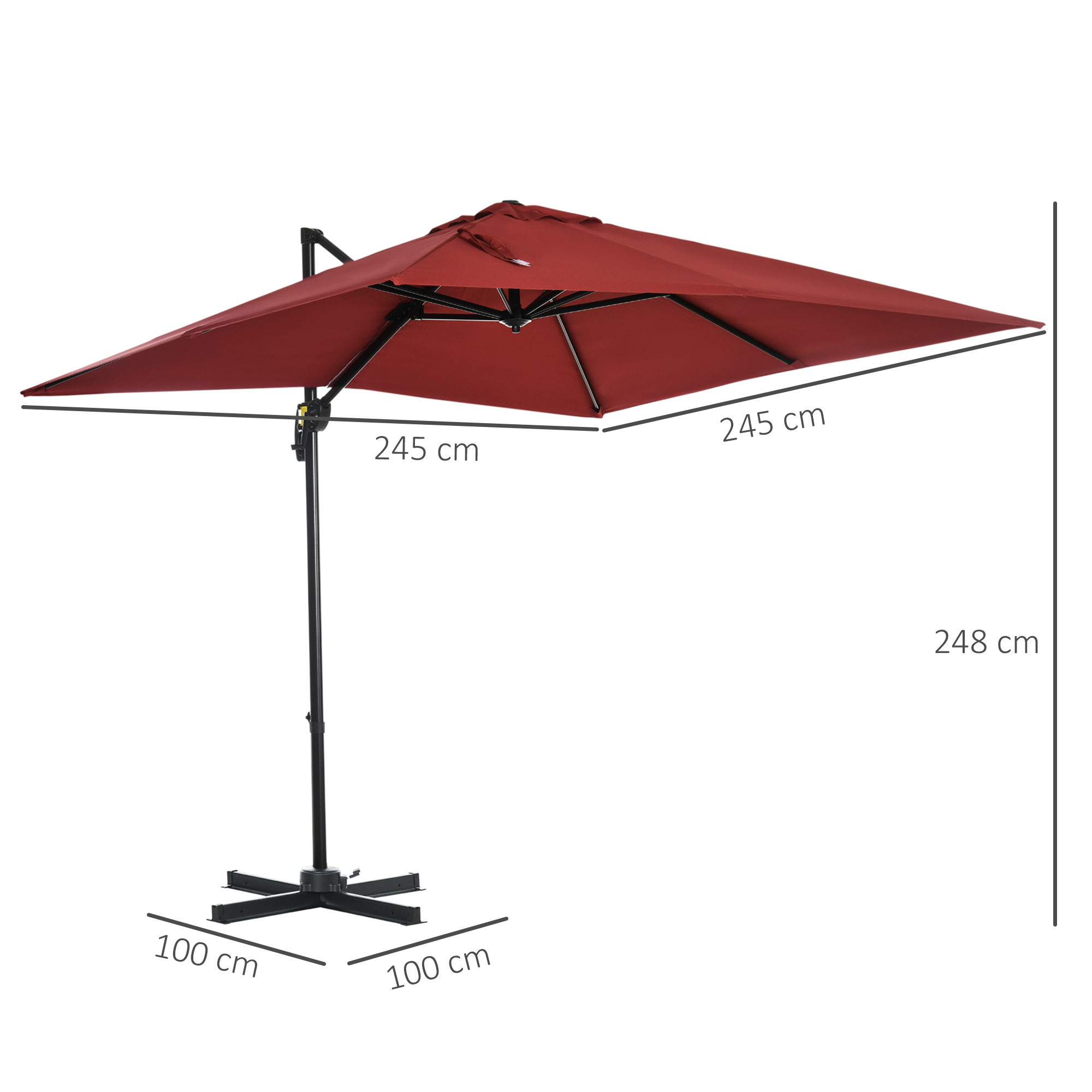 Outsunny 2.5 x 2.5m Patio Offset Parasol Umbrella Cantilever Hanging Aluminium Sun Shade Canopy Shelter 360° Rotation with Crank Handle and Cross Base, Wine Red 3