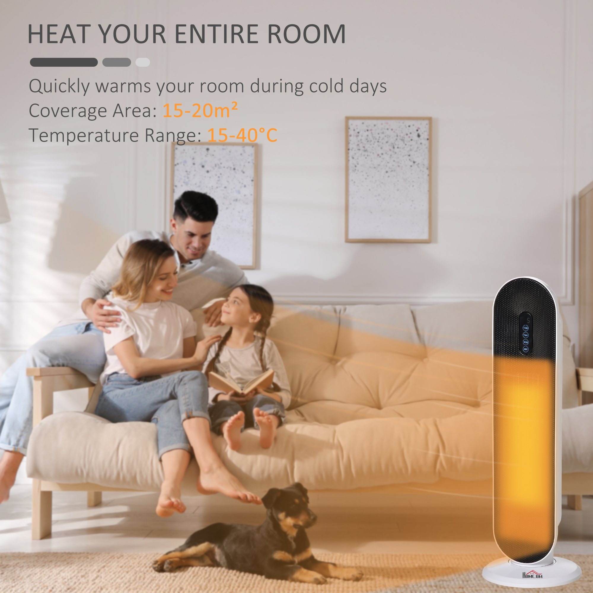 HOMCOM Ceramic Space Heater, Indoor Tower Heater with 2 Heat, Oscillation, Remote Control, Timer, Tip-Over & Overheating Protection, 1200W/2000W, White 4