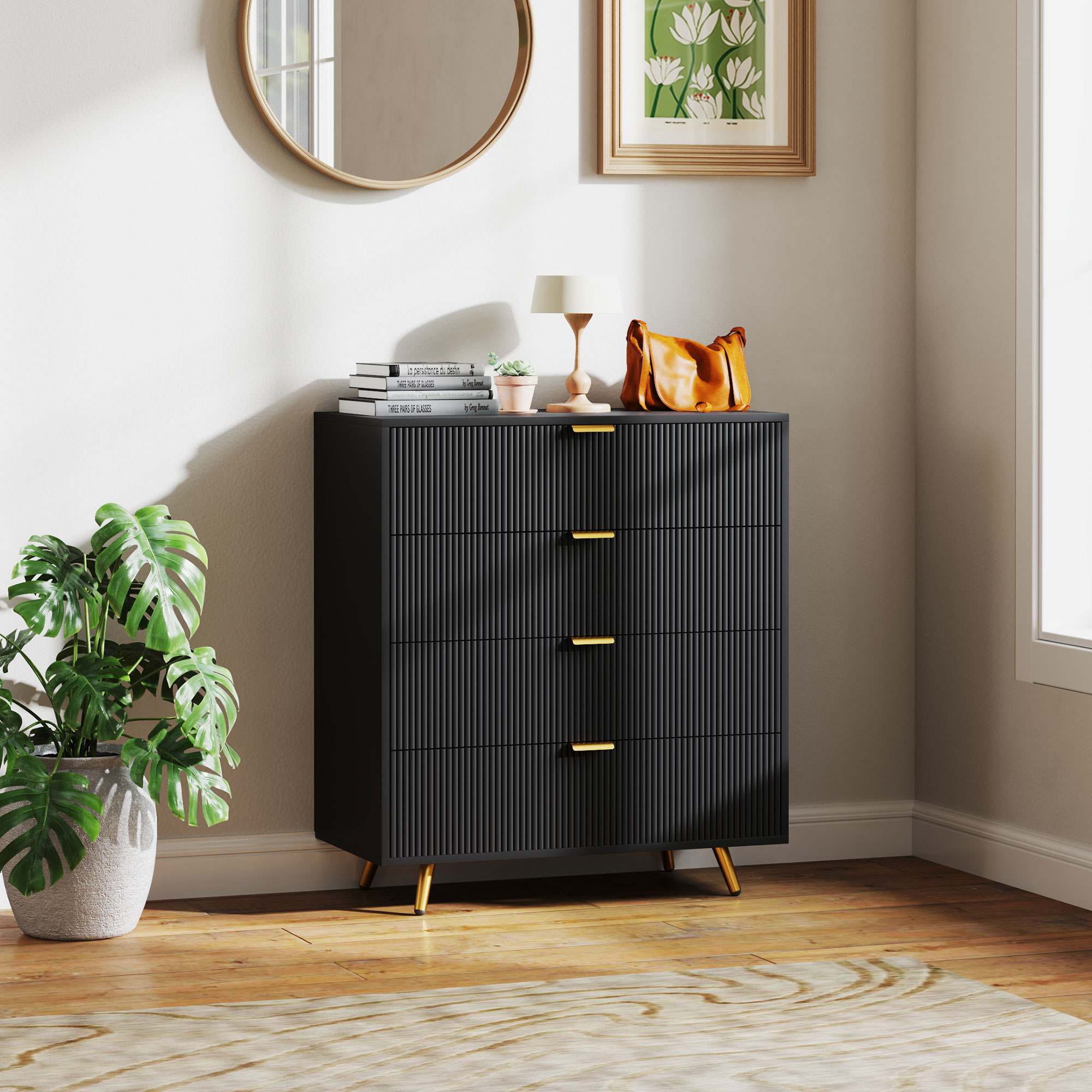 HOMCOM Elegant Four-Drawer Bedside Table Black 2