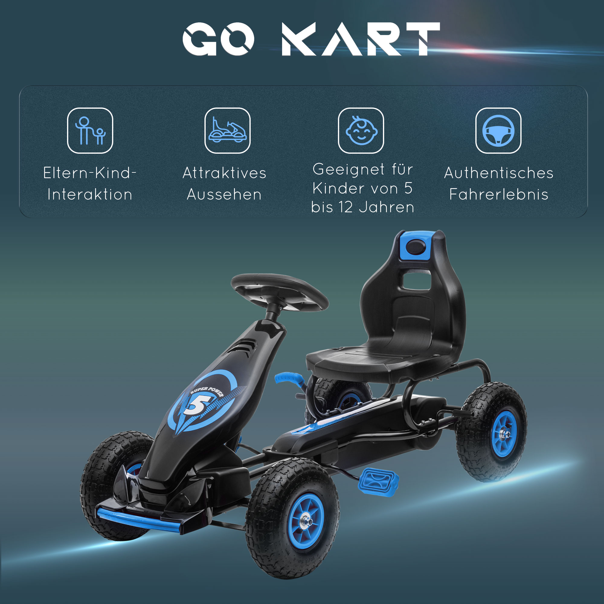 HOMCOM Kart met pedalen voor kinderen, Go-Kart pedaalvoertuig, verstelbare zitting, 3 posities, handrem, antislipbanden voor kinderen van 5 tot 12 jaar, metaal PP, blauw, zwart
