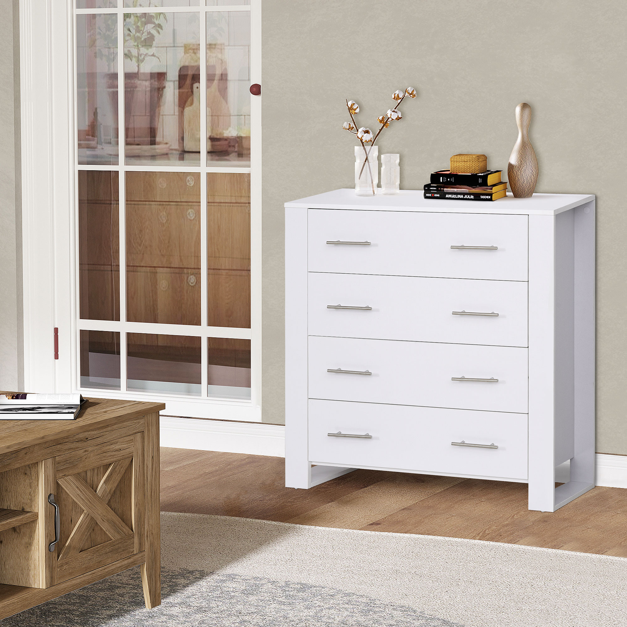 HOMCOM Chest Of 4 Drawers Storage Cabinet Bedroom Clothes w/Metal Handles Base Freestanding Unit Furnishing Living Room White 4