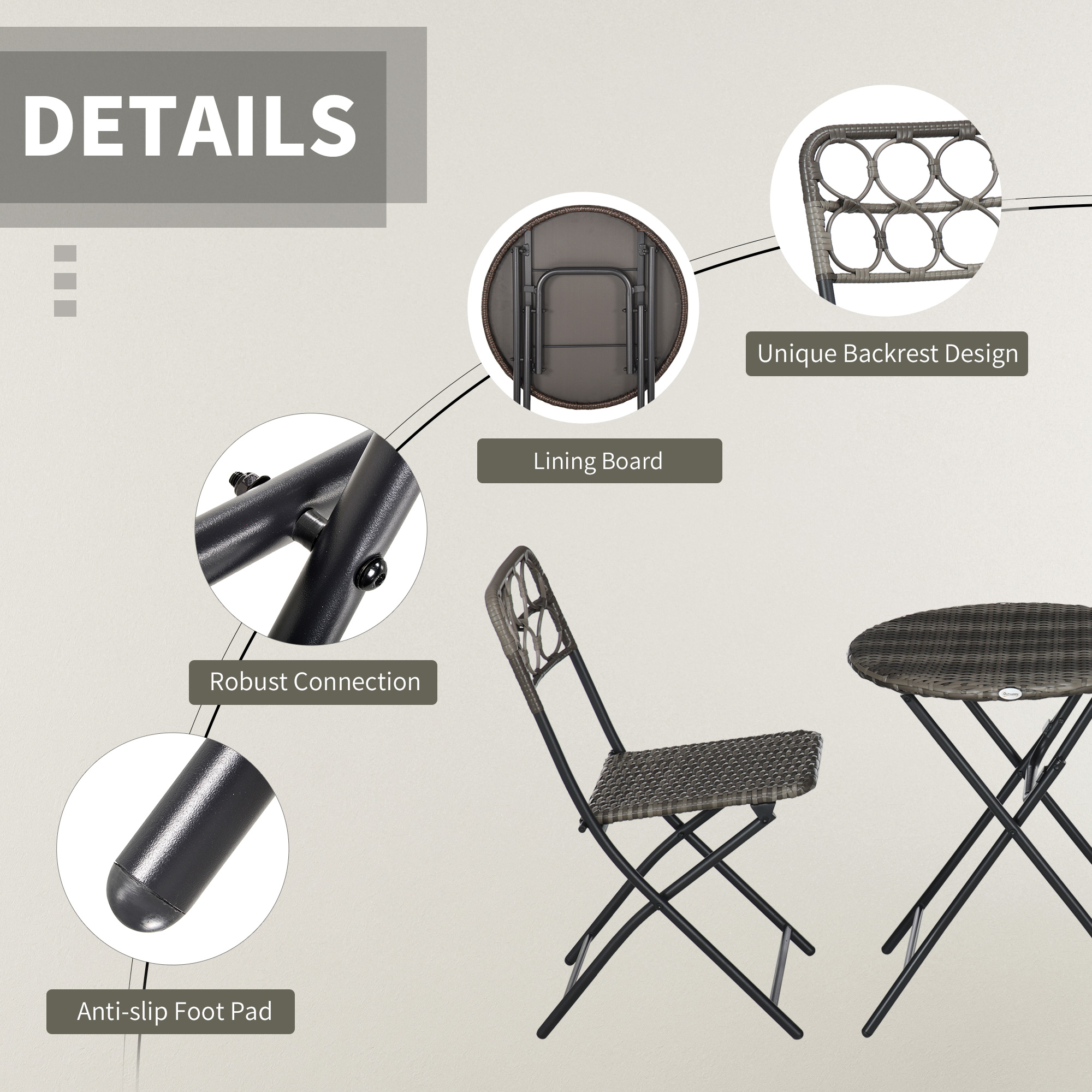 Outsunny 3 Pieces Rattan Bistro Set, Wicker Folding Garden Furniture Set with Coffee Table and Chairs for Outdoor, Patio, Balcony, Grey 6