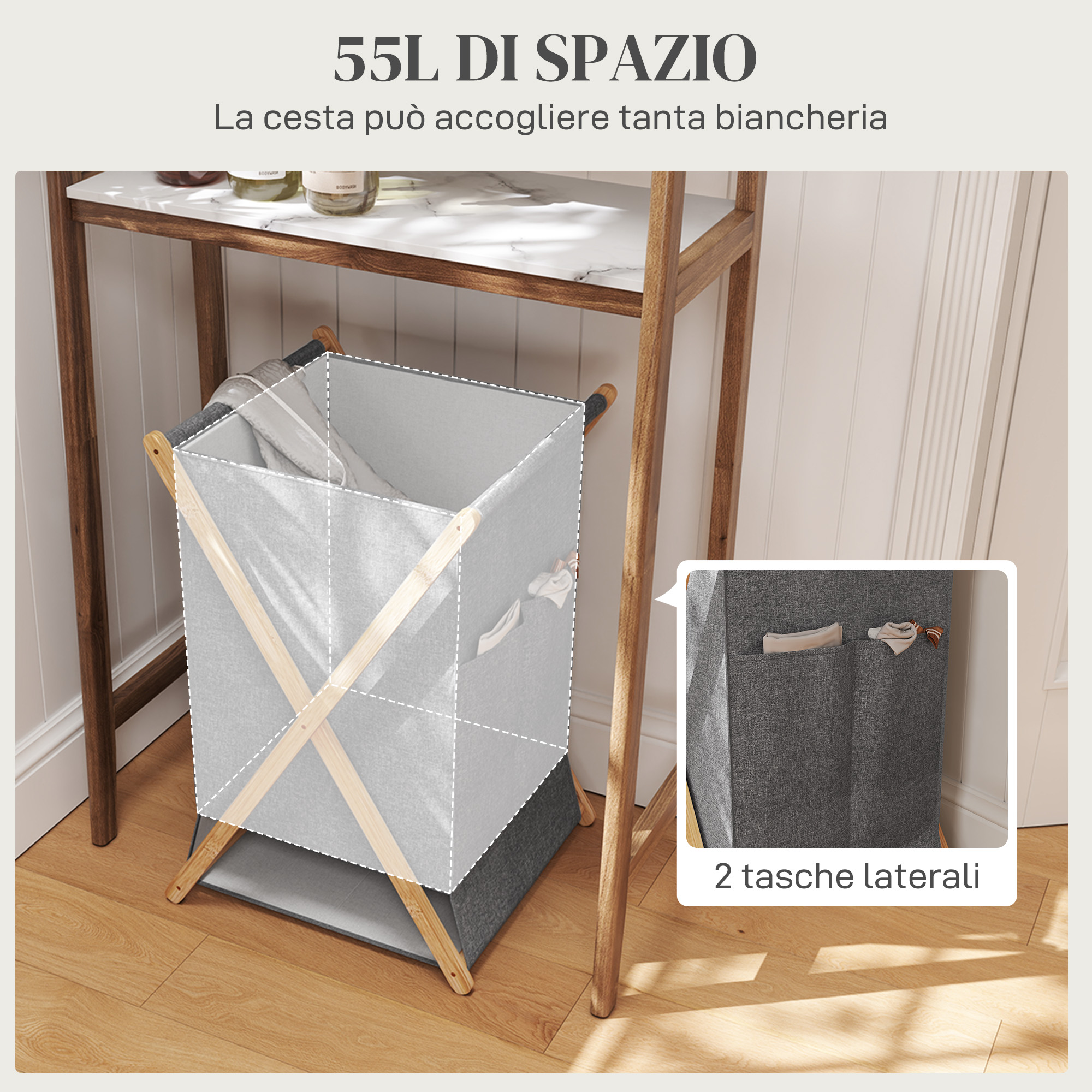 Cesto Portabiancheria Pieghevole HOMCOM 55L - Tessuto Grigio, Telaio In Bambù, Con Tasche Laterali