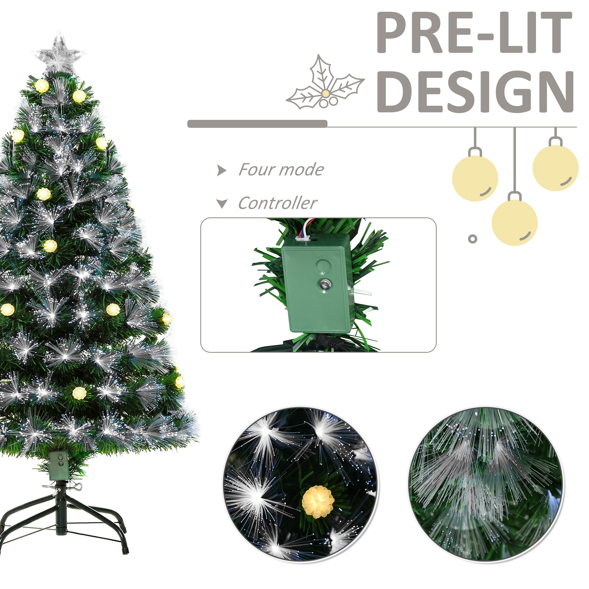 HOMCOM 4ft White Light Artificial Christmas Tree w/ 130 LEDs Star Topper Tri-Base Full Bodied Seasonal Decoration Pre-Lit Home 6