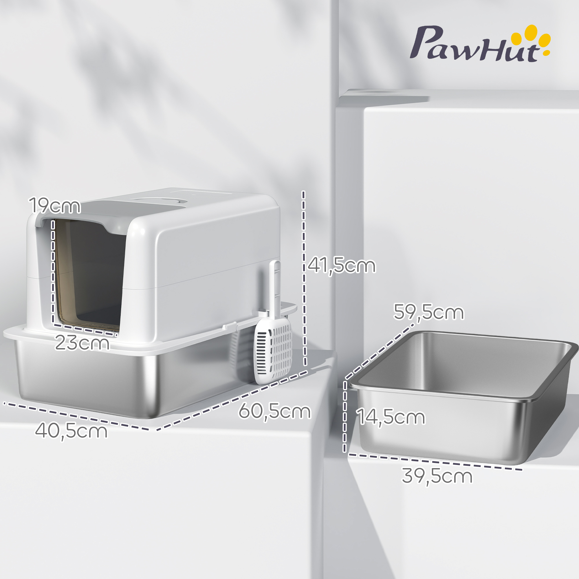 Kassiliivkast, roostevabast terasest kandik, filter, kühvel, kassidele kuni 6 kg, 40,5 x 60,5 x 41,5 cm, valge/hõbedane