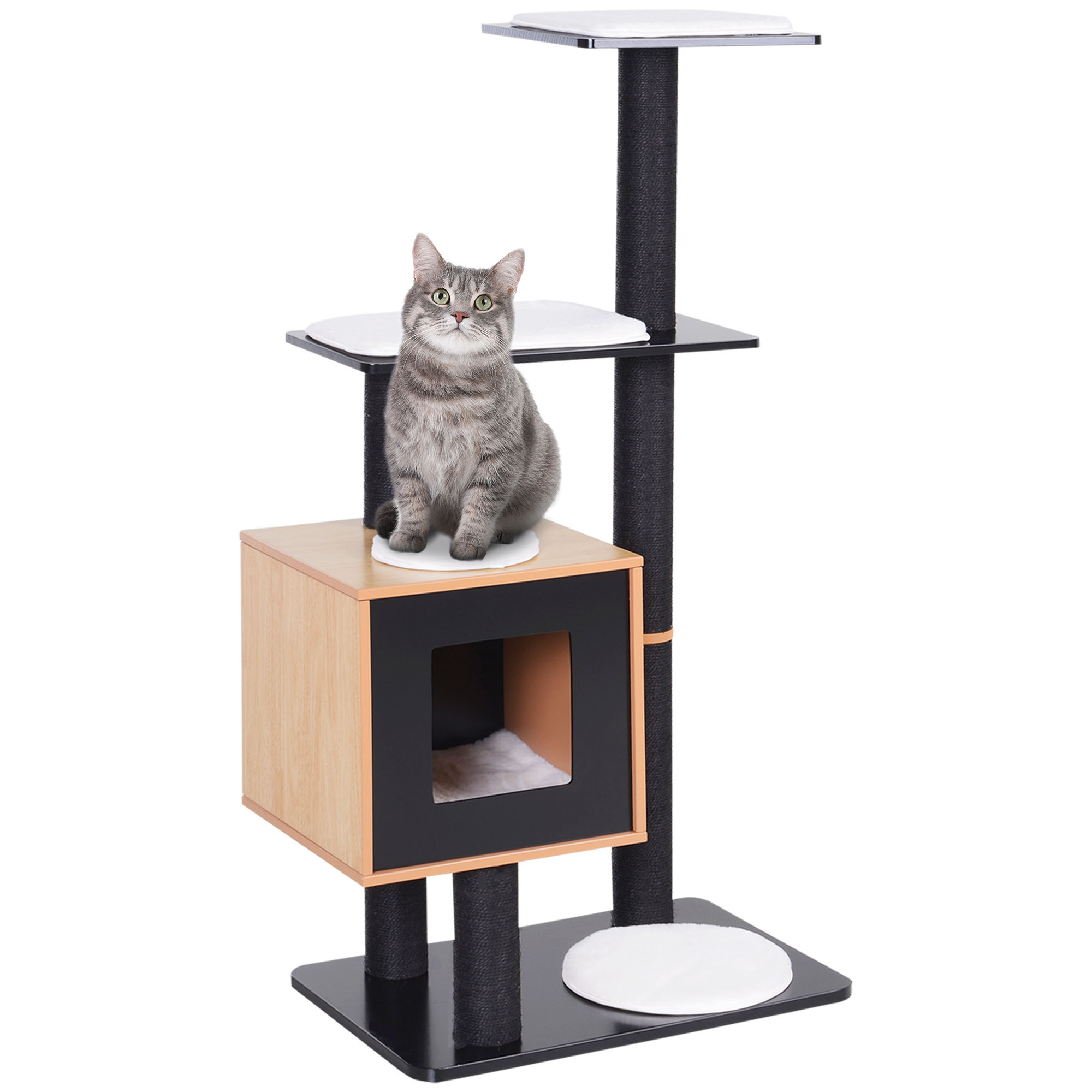 Meilleurs prix pour Arbre à chats design contemporain griffoirs grattoirs sisal naturel centre d'activités niche plate-formes jeu boules suspendues 71L x 49l x 120H cm MDF noir hêtre