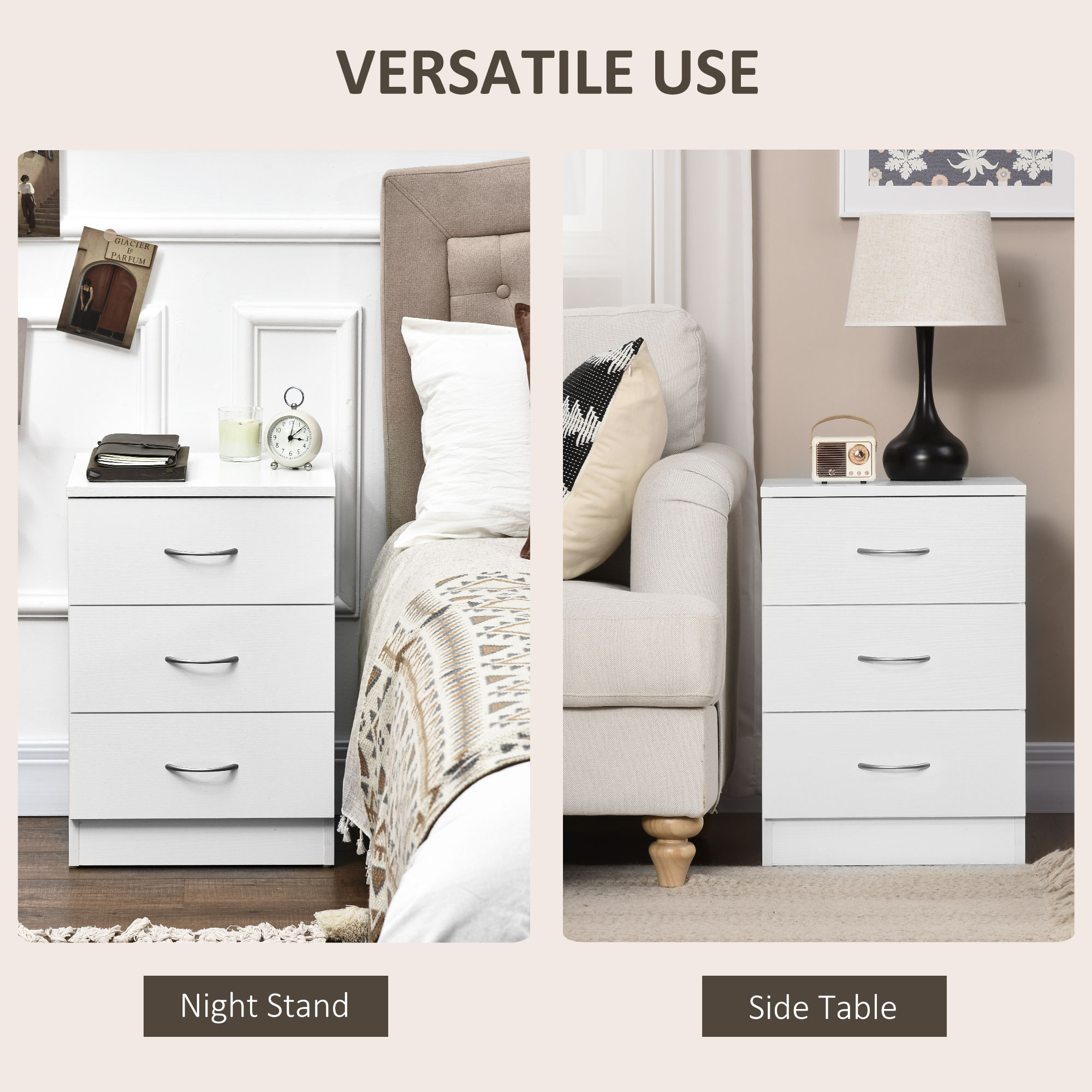HOMCOM Three-Drawer Simple Bedside Table White 5