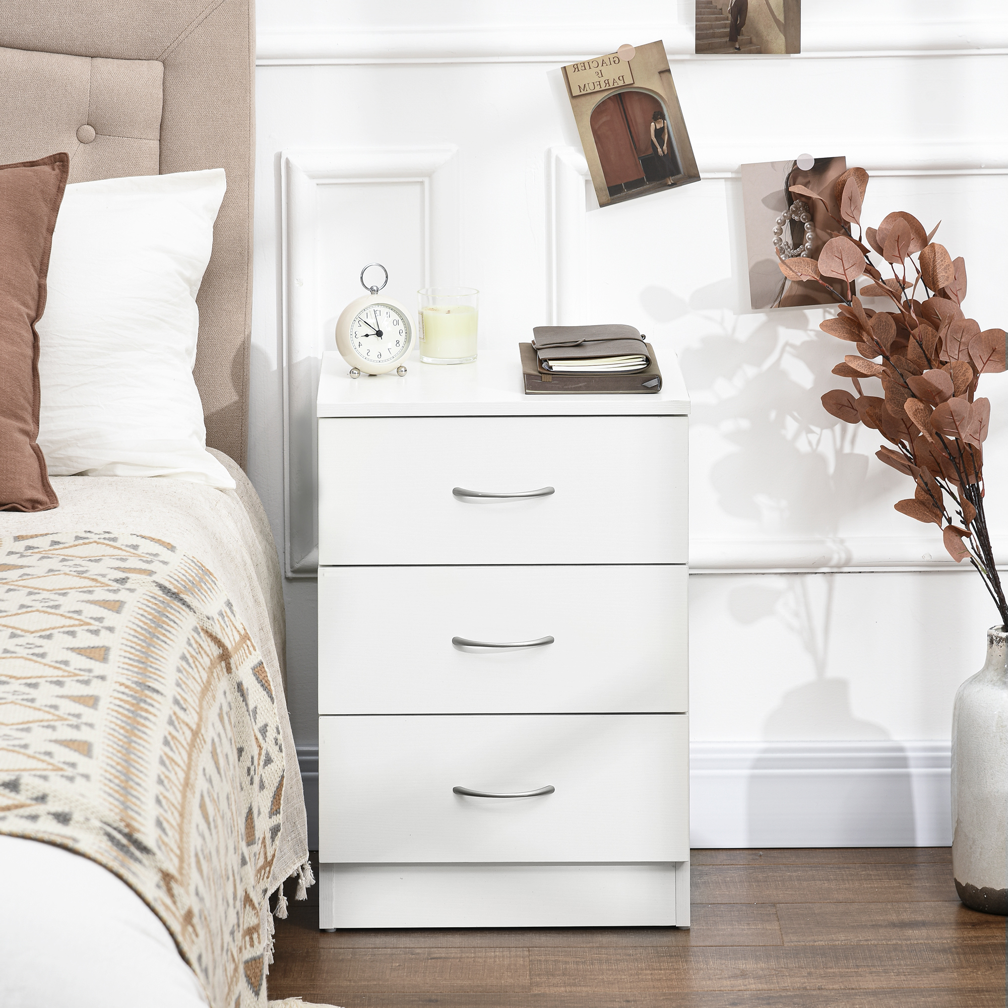 HOMCOM Three-Drawer Simple Bedside Table White 7