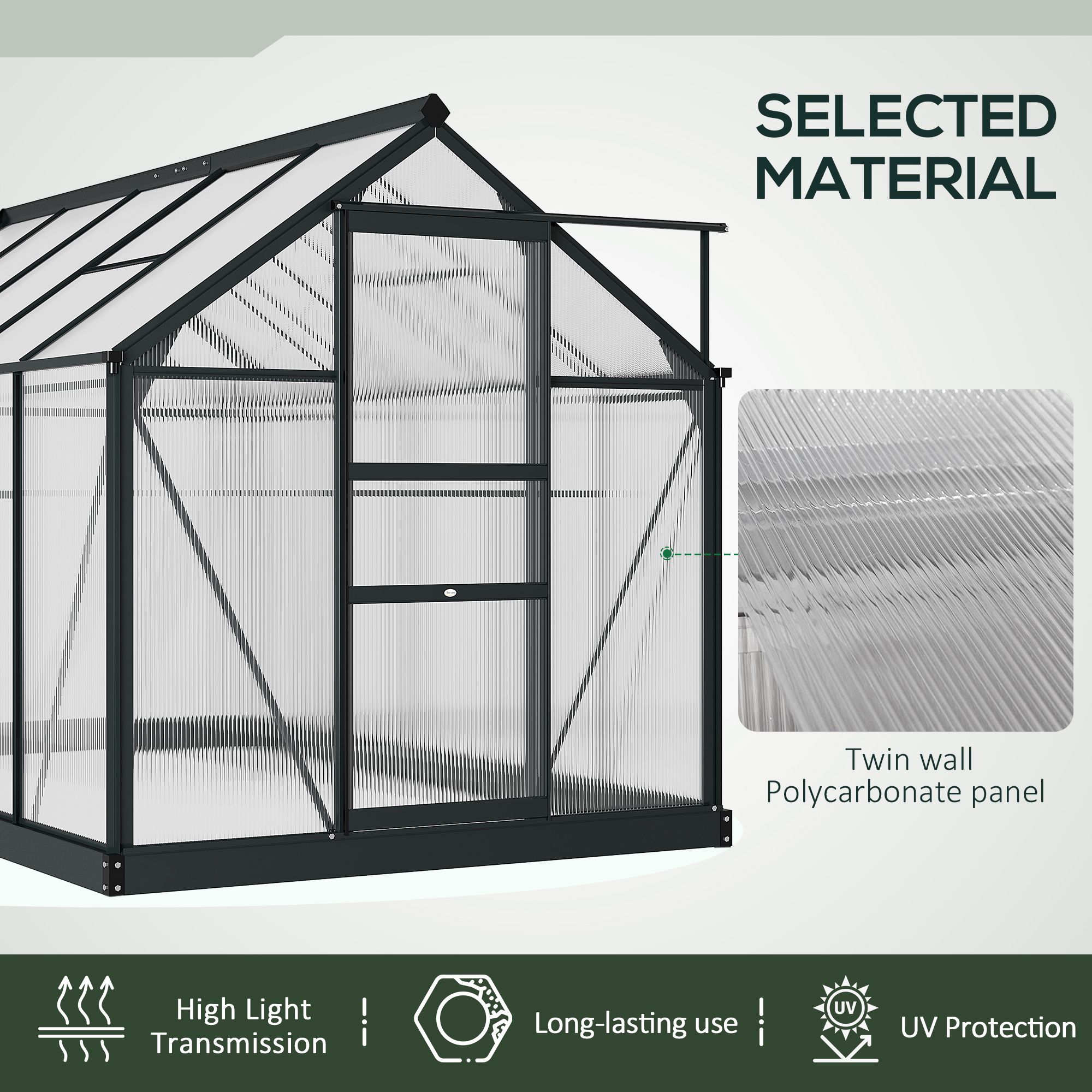 Outsunny 6 x 10ft Polycarbonate Greenhouse, Large Walk-In Green House with Slide Door and Window, Garden Plants Grow House with Aluminium Frame and Foundation, Grey 5