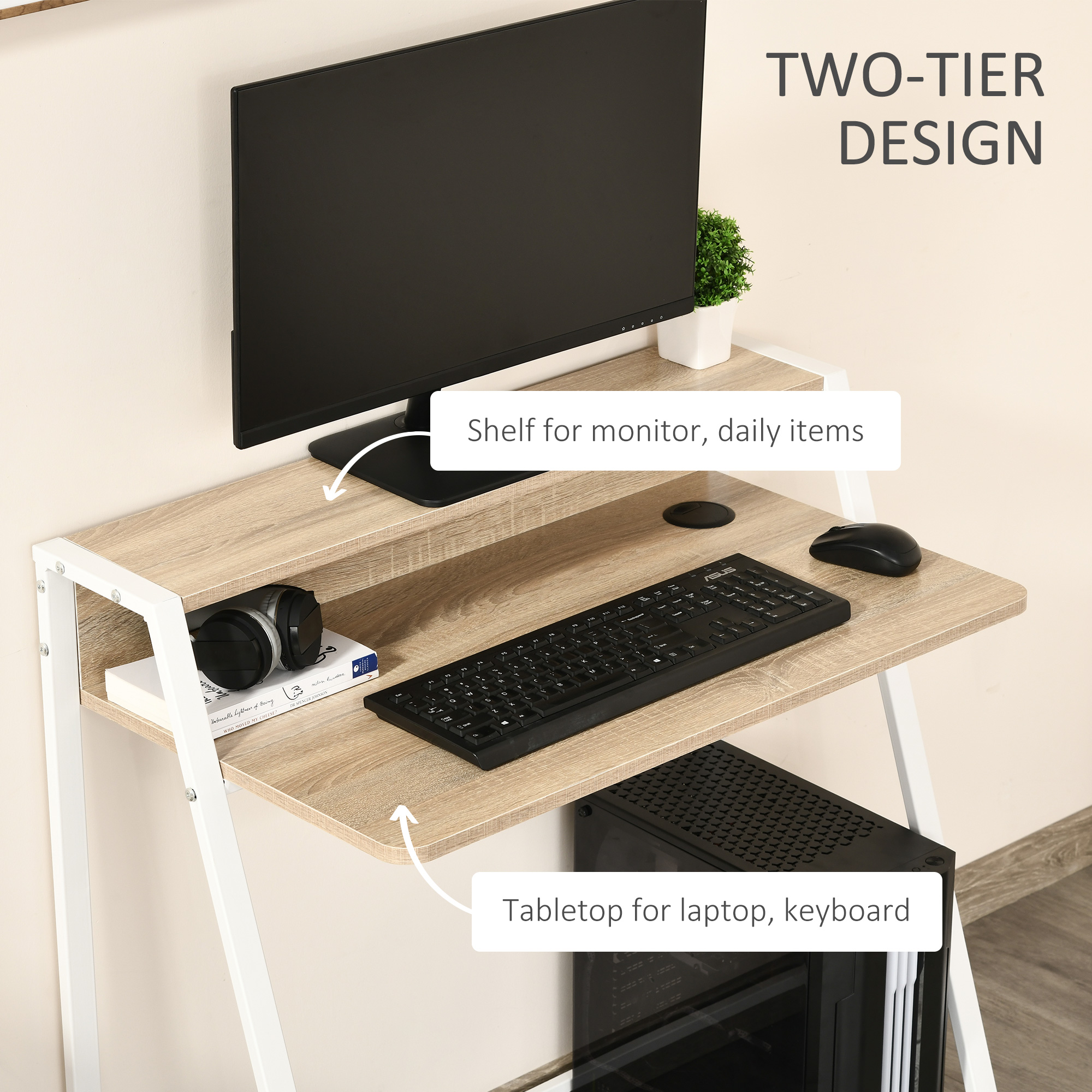 HOMCOM Writing Desk Computer Table Home Office PC Laptop Workstation Storage Shelf 84L x 45W cm White and Oak 4
