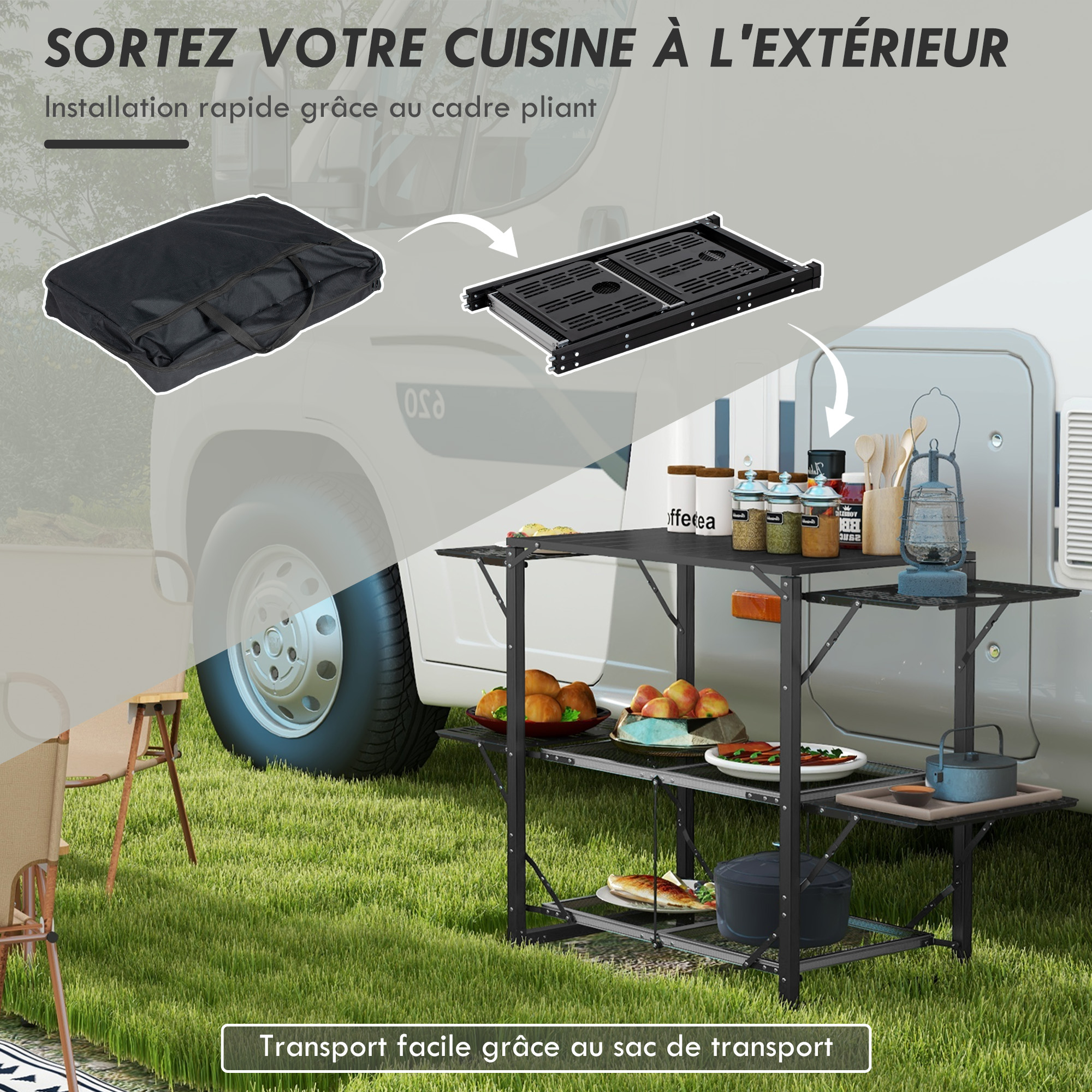 Cuisine De Camping Pliante Outsunny – Table En Acier Et Alu 126x46x81 Cm, 4 Tablettes Rabattables, Porte-gobelets, Sac De Transport Inclus