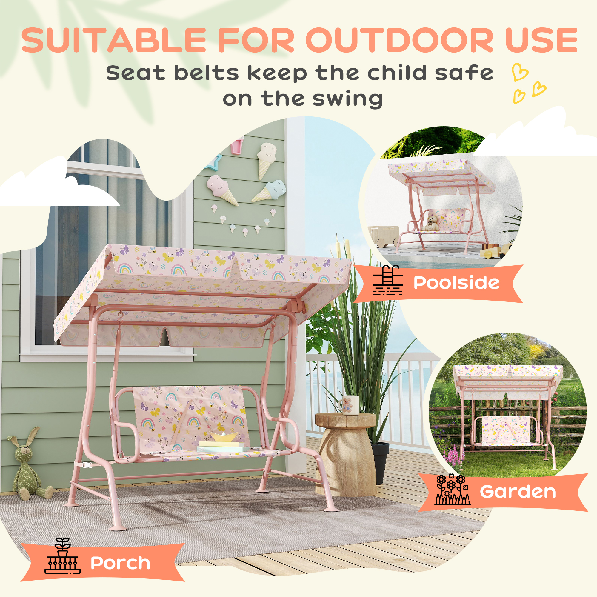 AIYAPLAY Kids Garden Swing Chair with Adjustable Canopy, Safety Belt, 2 Seater Hammock Swing Bench for Patio, Porch, Pink 6