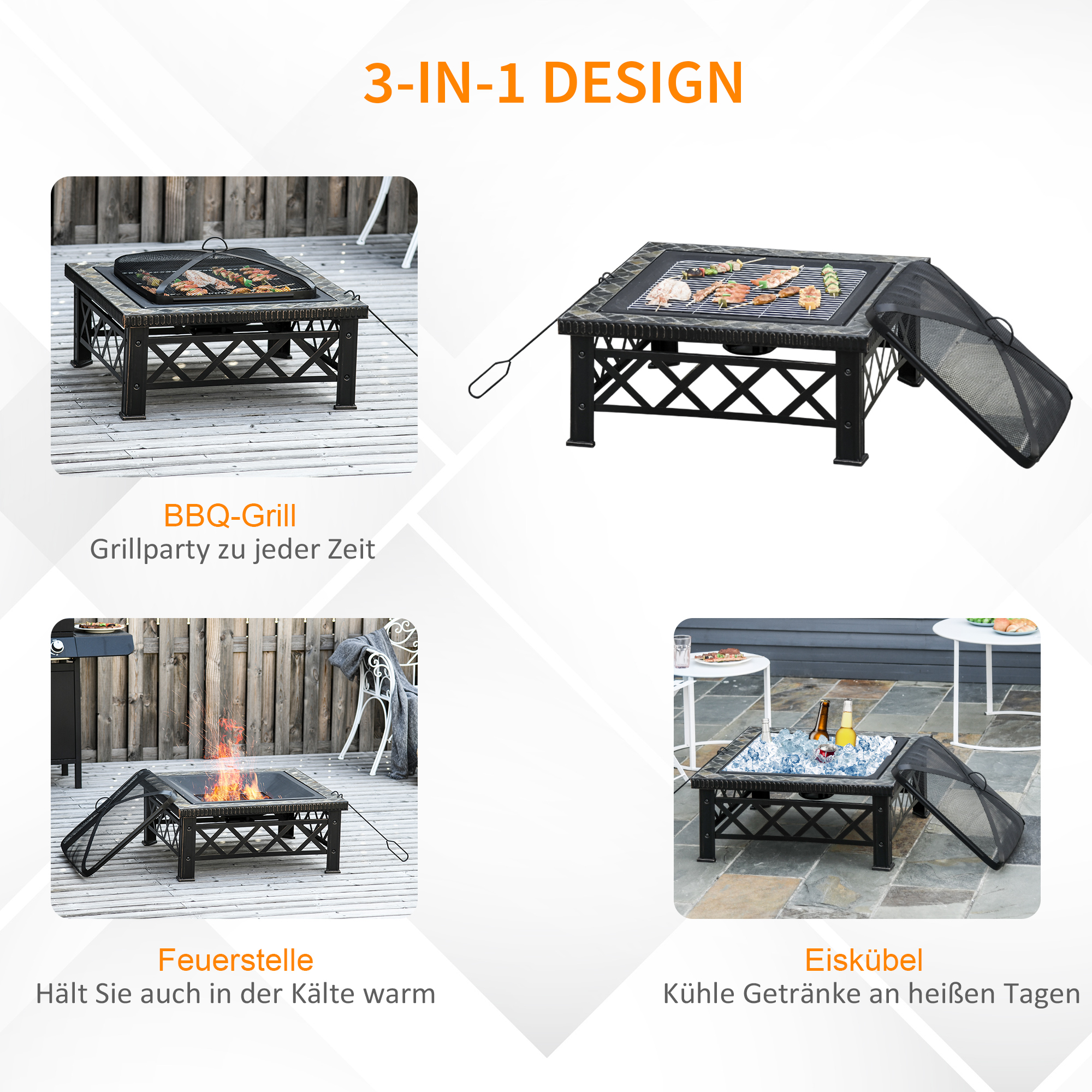 3-ühes lõkkekauss/lõkkeauk sädemevõrgu, grillresti ja jääämbriga - aiagrill - must - 76 cm x 76 cm x 47 cm