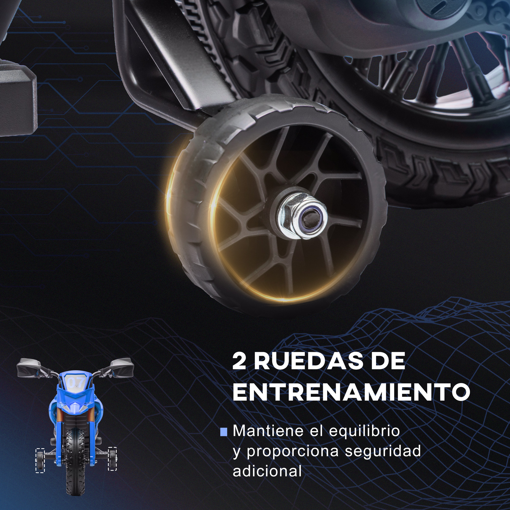 AIYAPLAY Moto Eléctrica Para Niños +3 Años – Batería 12V, Ruedas De Entrenamiento, Acelerador En Puño Y Bocina, Velocidad Máx. 3 Km/h, Carga 30 Kg, Azul