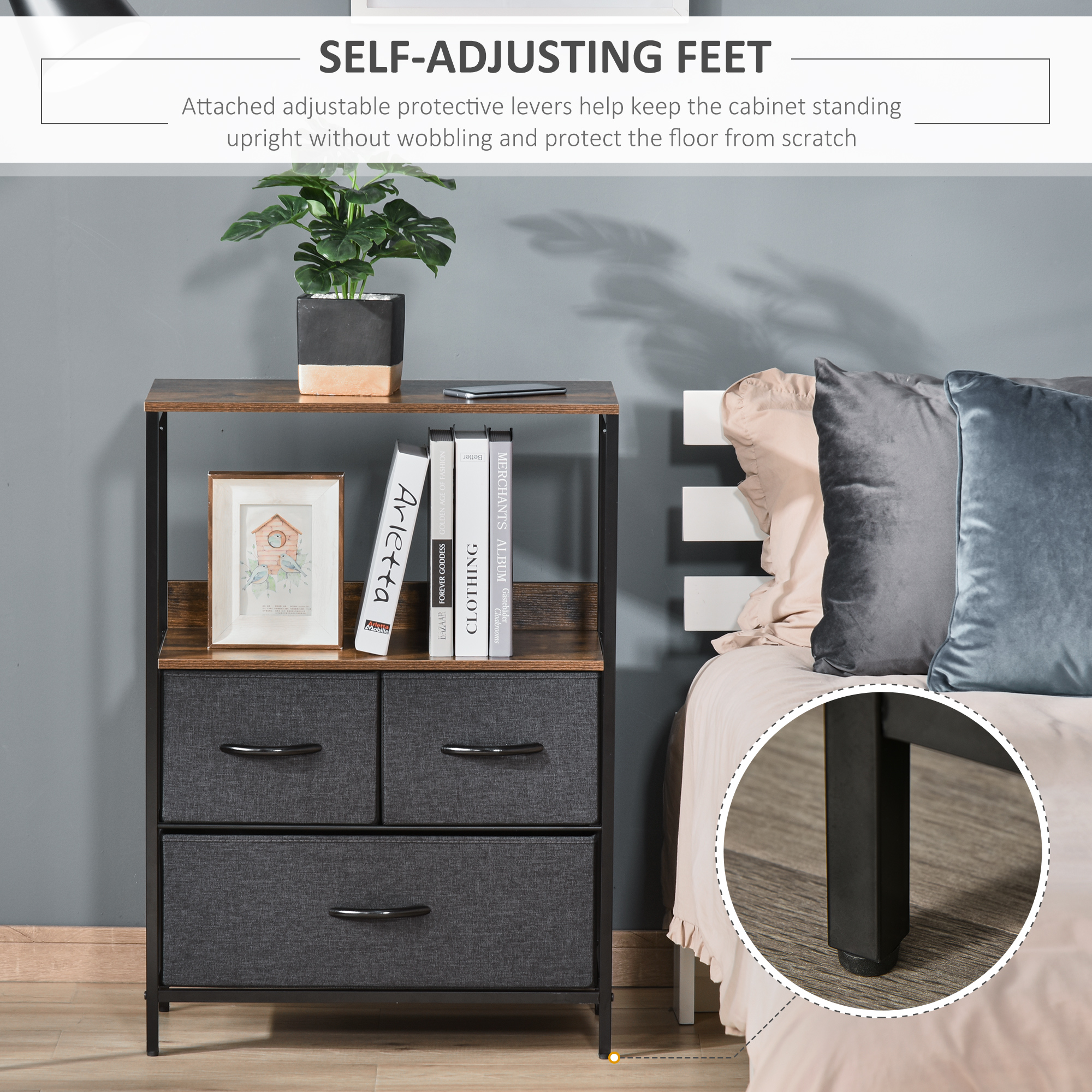 HOMCOM 3 Drawer Storage Chest Unit Home Cabinet w/ Shelves Home Living Room Bedroom Entryway Living Furniture, Black 7