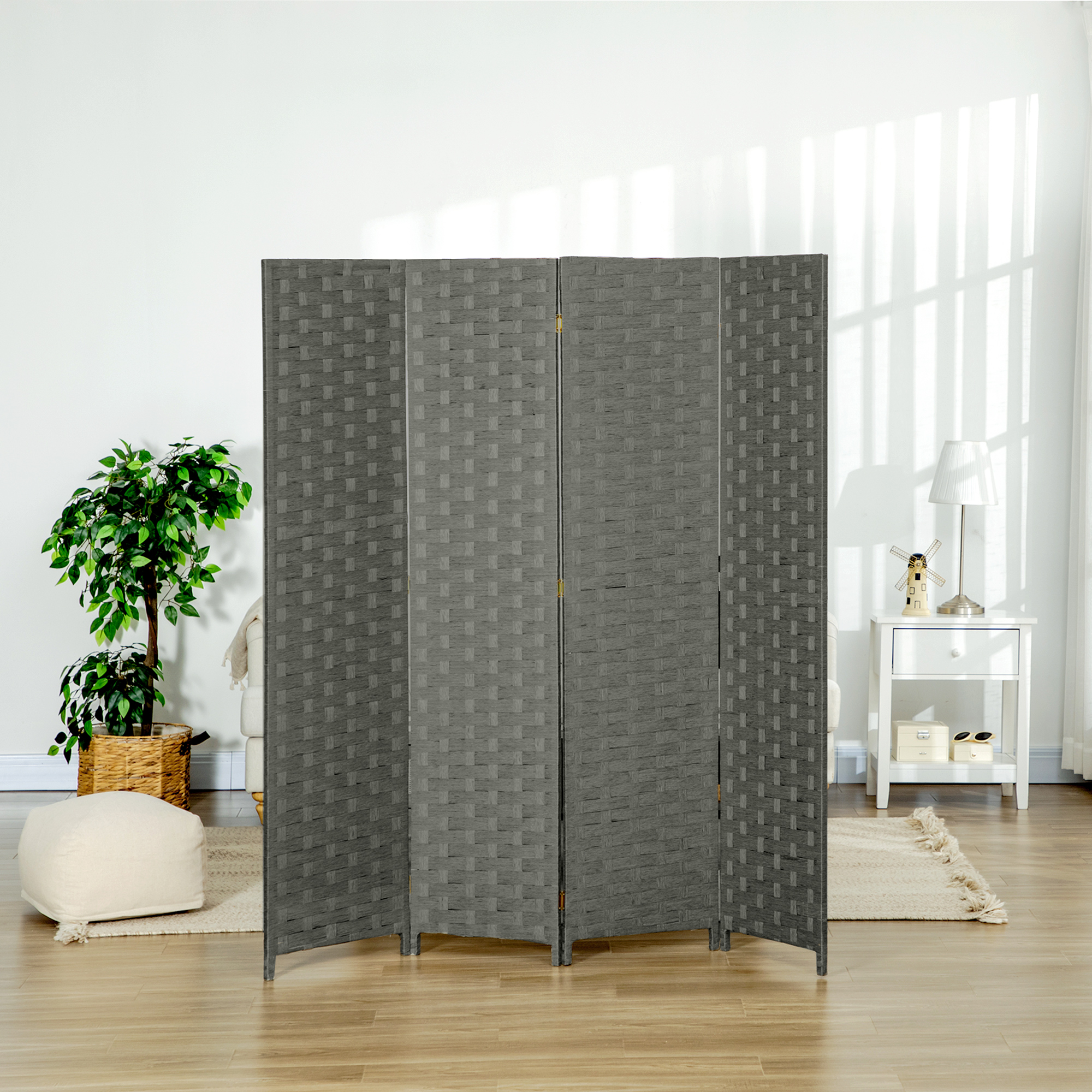 HOMCOM 4-Panel Room Dividers, Wave Fibre Freestanding Folding Privacy Screen Panels, Partition Wall Divider for Indoor Bedroom Office, 170 cm, Grey 7