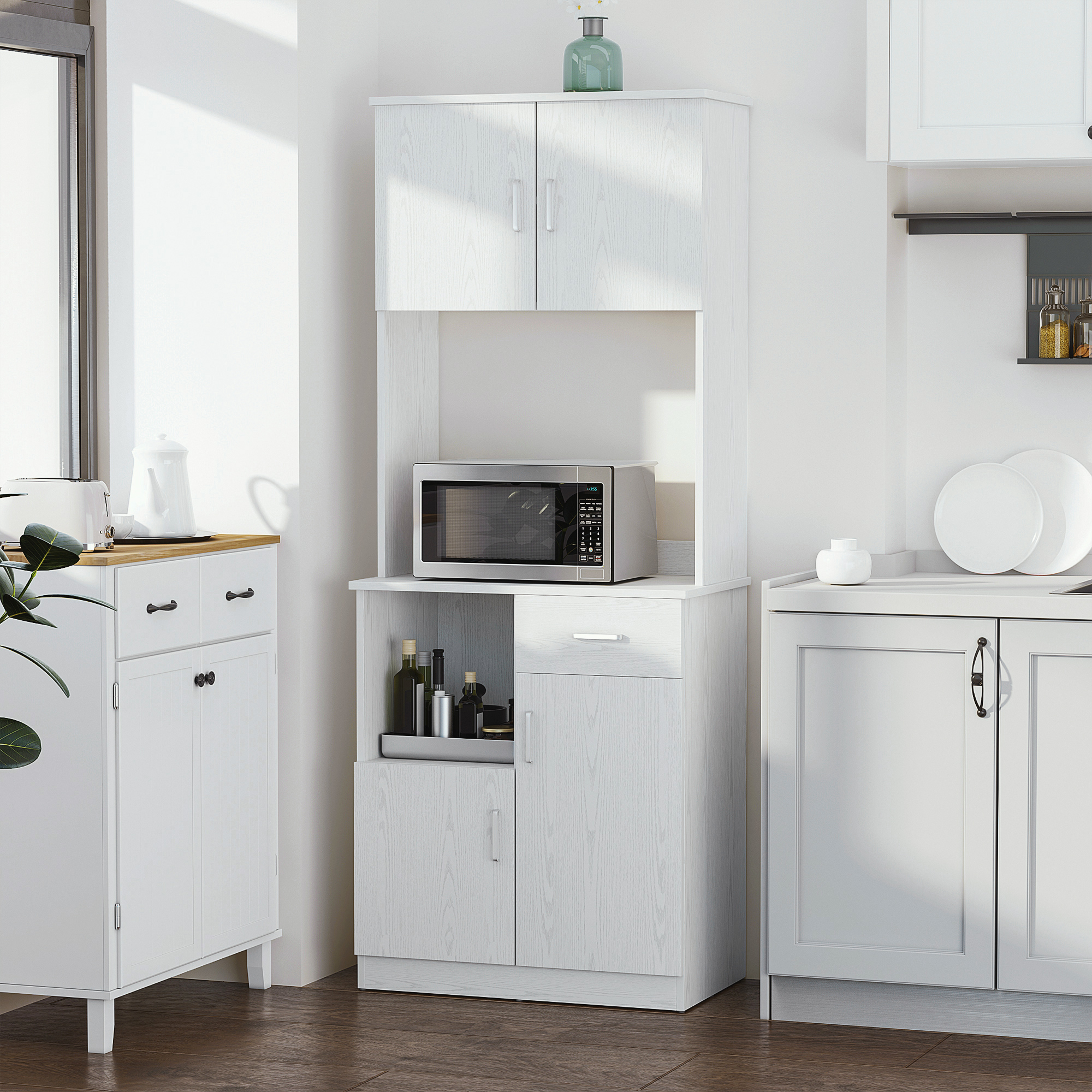 HOMCOM Freestanding Kitchen Cupboard, Modern Kitchen Storage Cabinet with Doors, Microwave Counter and Adjustable Shelves, White 4