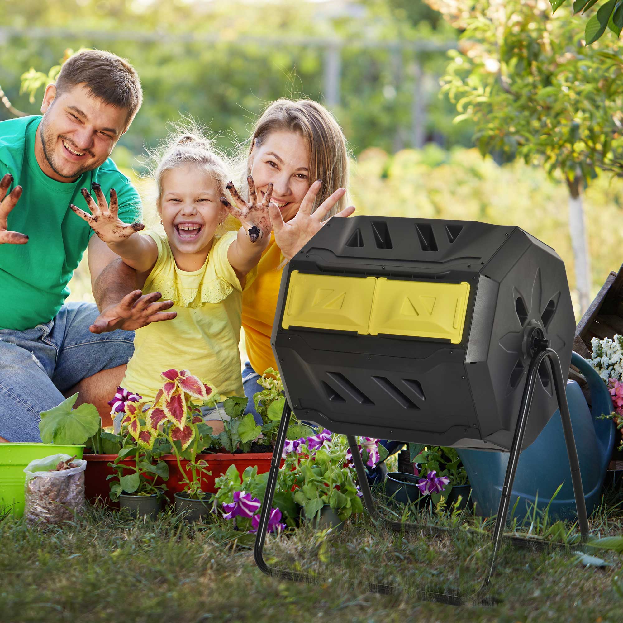 Outsunny 160L 360° Rotating Dual Chamber Composter Yellow 2