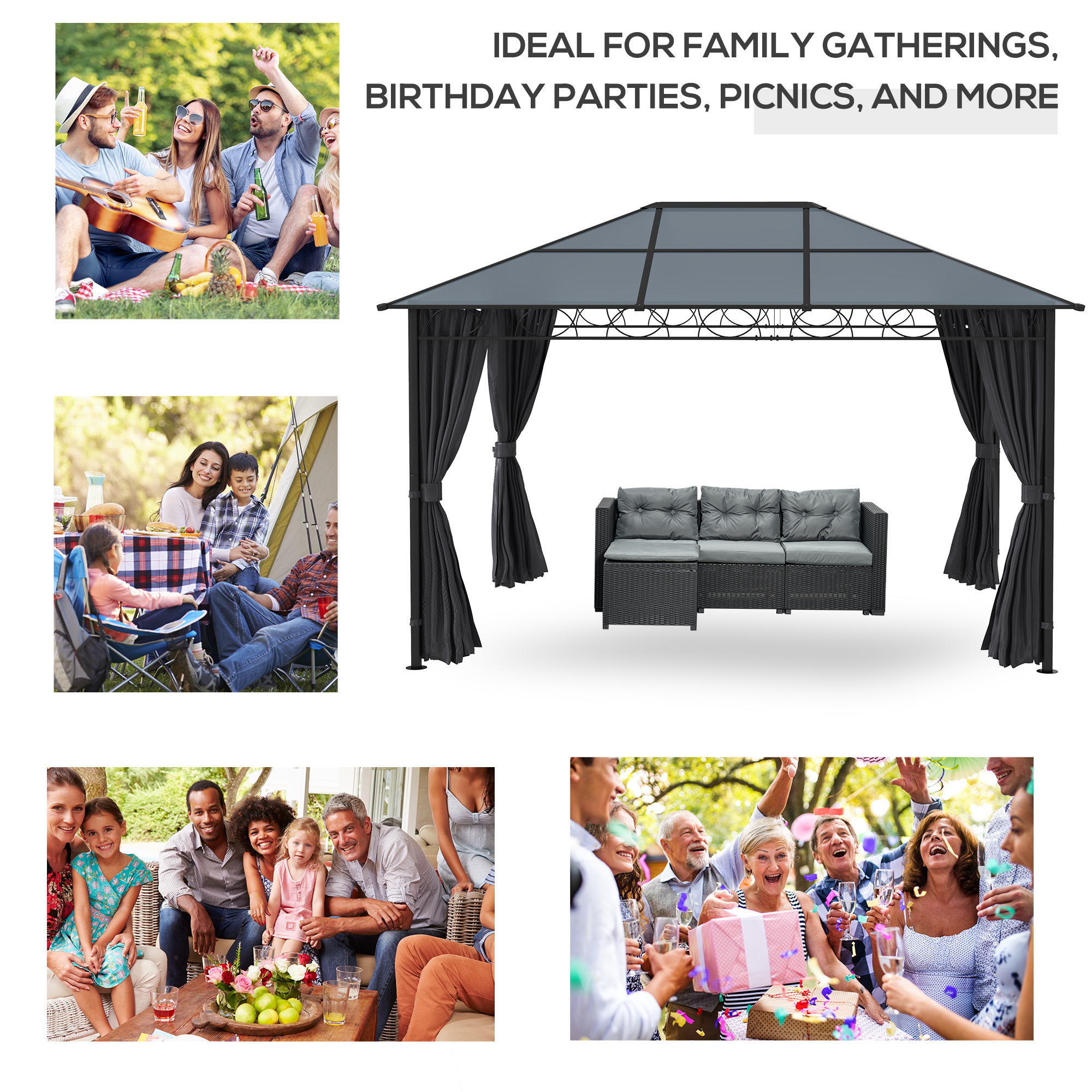 Outsunny Hardtop Gazebo Garden Pavilion with UV Resistant Polycarbonate Roof, Curtains, Steel & Aluminium Frame, 3 x 4m, Grey 7