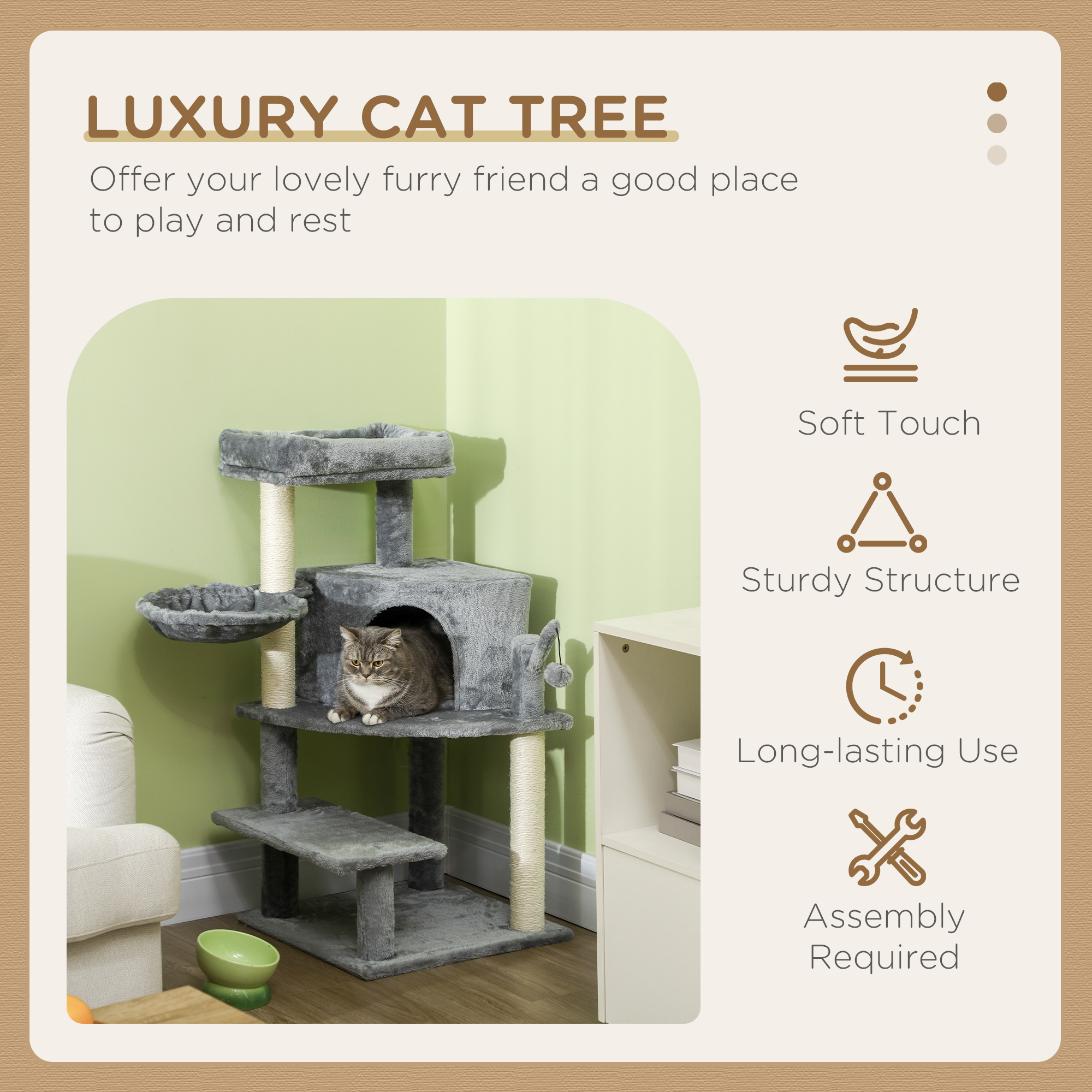 PawHut Sisal 100cm Cat Tree Tower with Sisal Scratching Post Grey 4