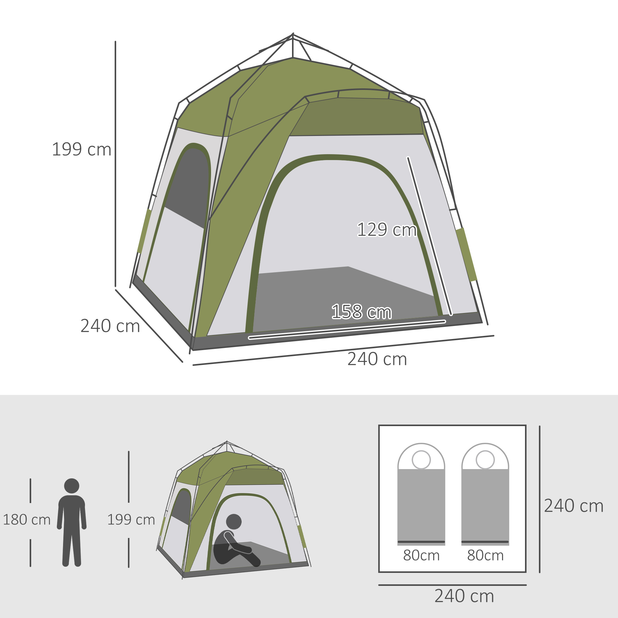 Tenda Da Campeggio Outsunny 2 Posti Pop Up - Igloo Con Rete E Porta, 240x240x199 Cm, Verde
