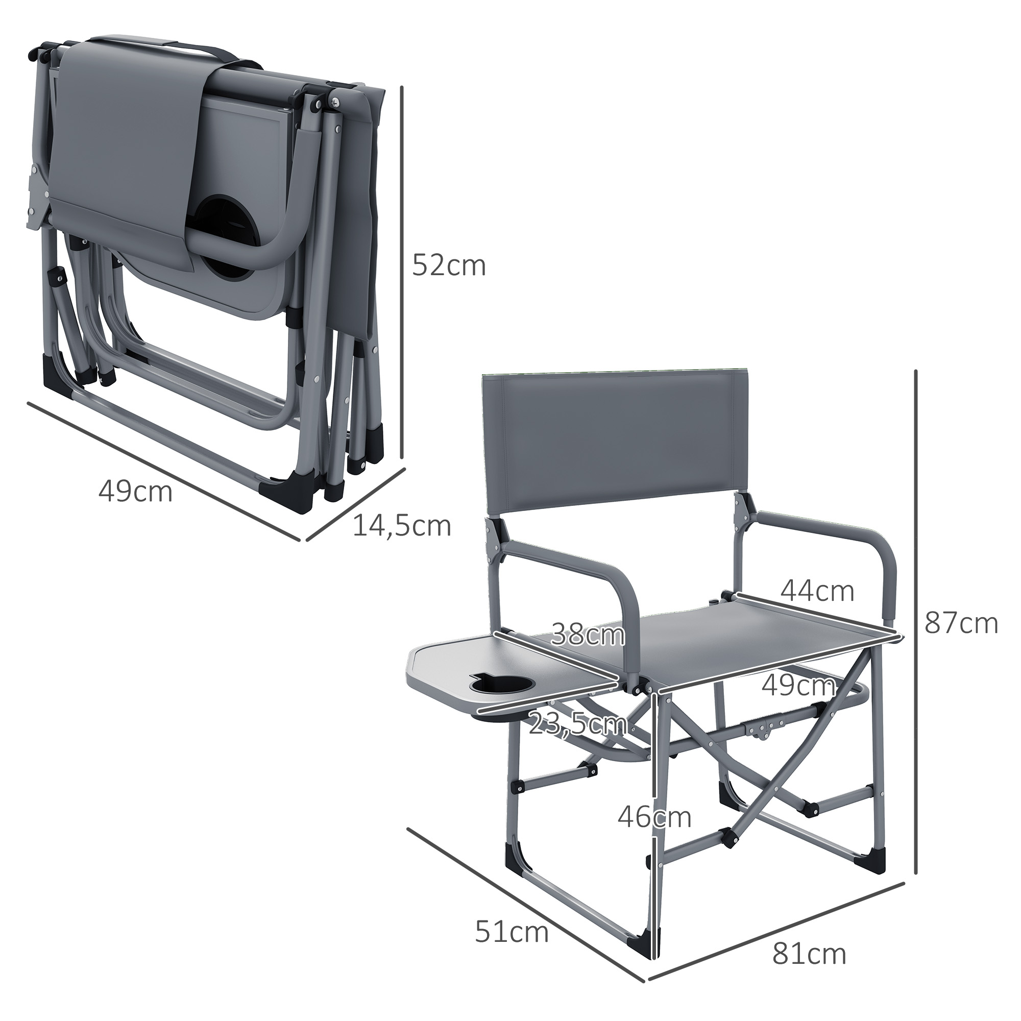 Outsunny Chaise De Camping Pliable Avec Tablette Et Porte-Gobelet - Confortable Et Légère Pour Jardin, Plage, Pêche Et Pique-Nique, Gris