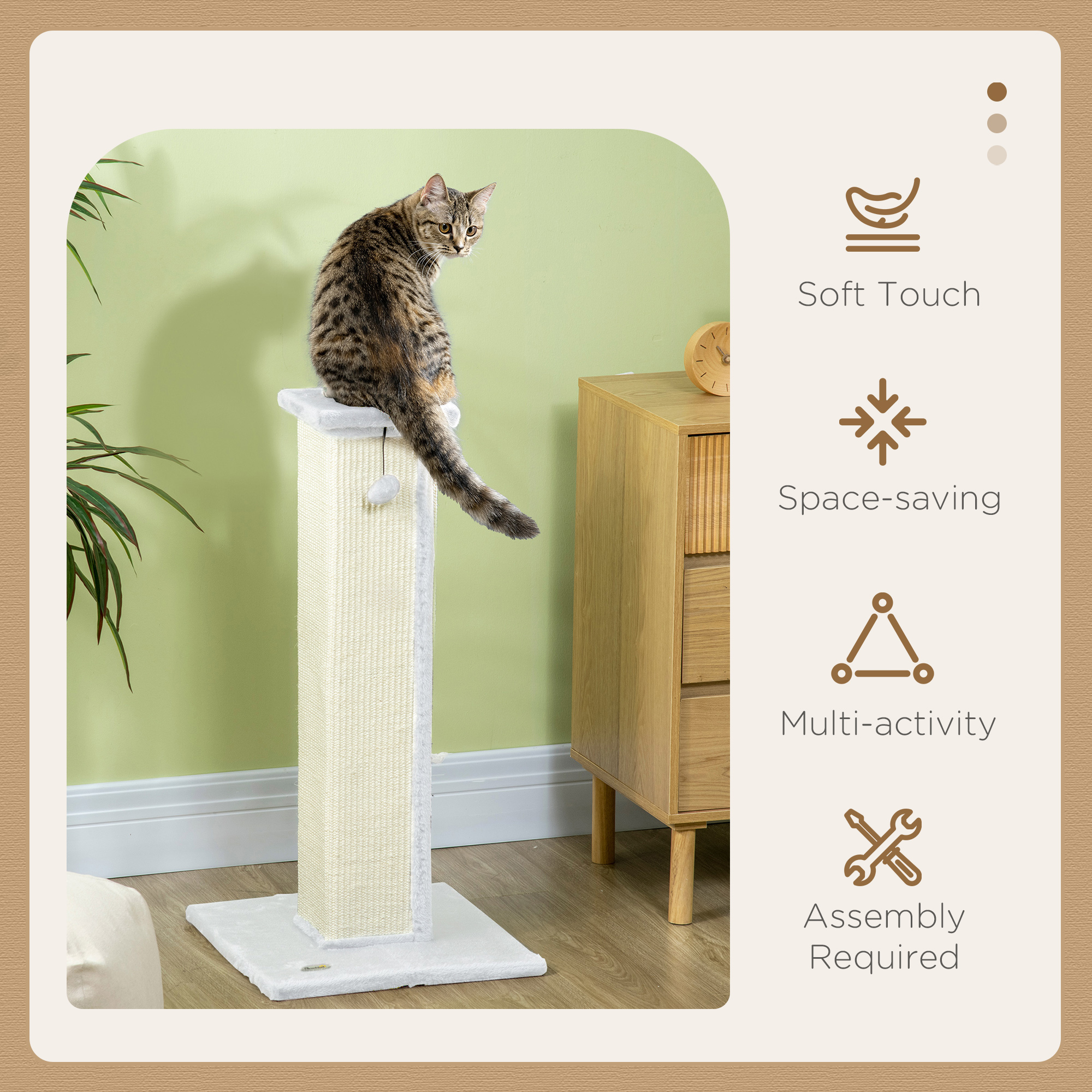 PawHut 81cm Cat Scratcher, Vertical Full Scratcher w/ Natural Sisal Rope, Hanging Ball, Soft Plush White 4