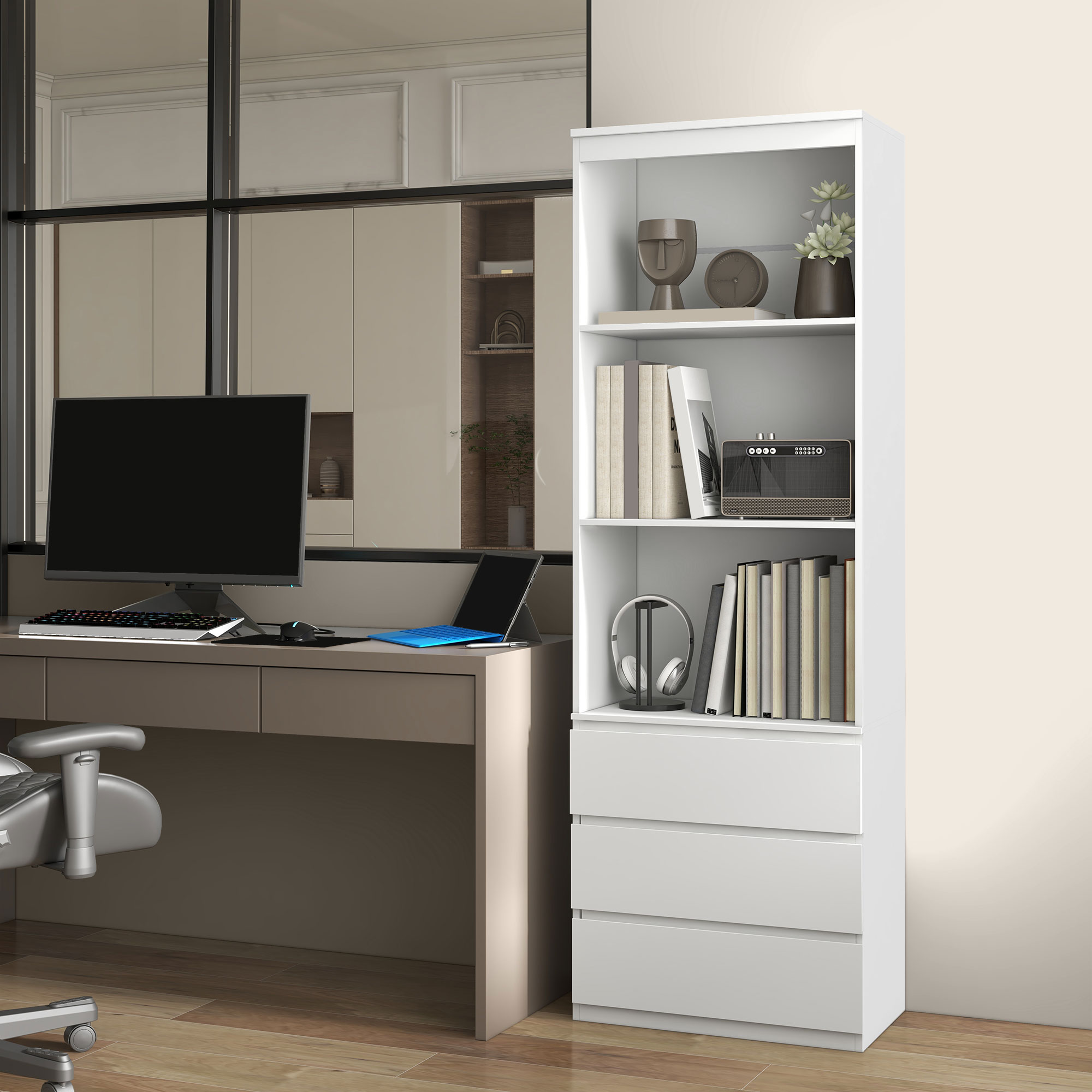 HOMCOM 180cm Tall Bookcase, with Shelves and Drawers White 6